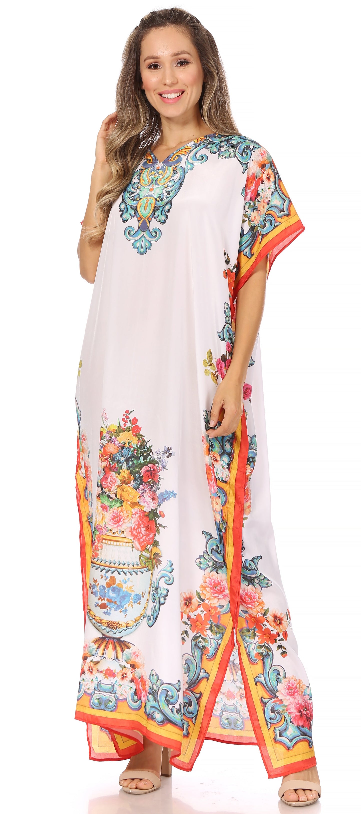 Sakkas Vicky Women's Casual Long Print Short Sleeve Petite Beach Maxi Caftan Dress - Buy One Get One Free