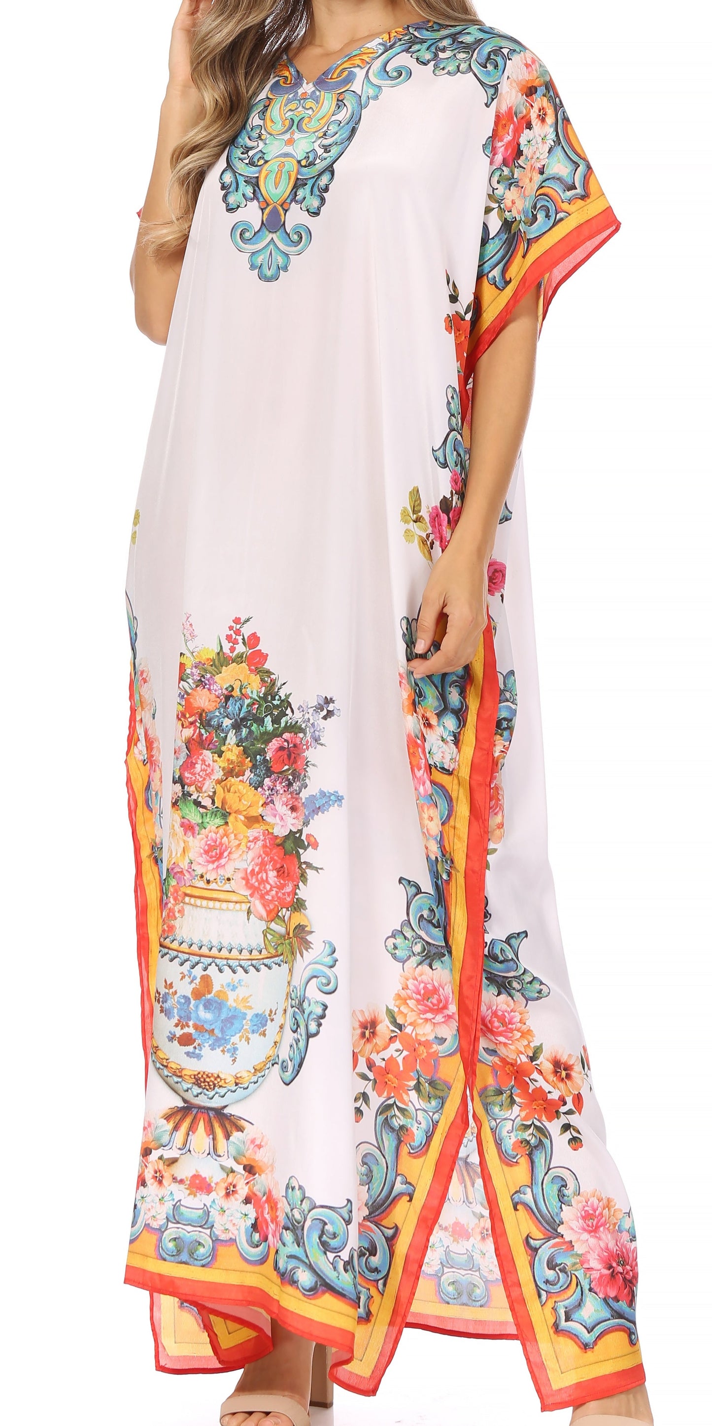 Sakkas Vicky Women's Casual Long Print Short Sleeve Petite Beach Maxi Caftan Dress - Buy One Get One Free