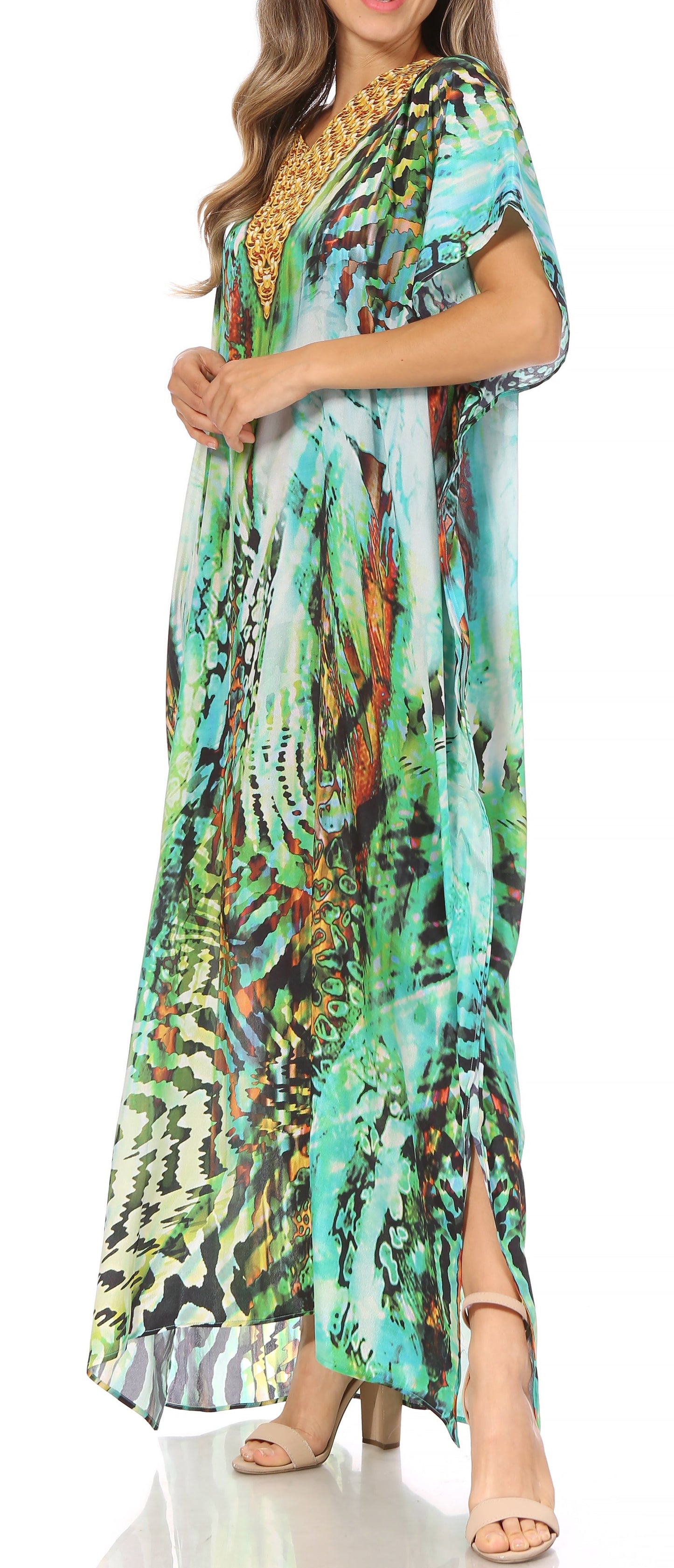 Sakkas Vicky Women's Casual Long Print Short Sleeve Petite Beach Maxi Caftan Dress - Buy One Get One Free