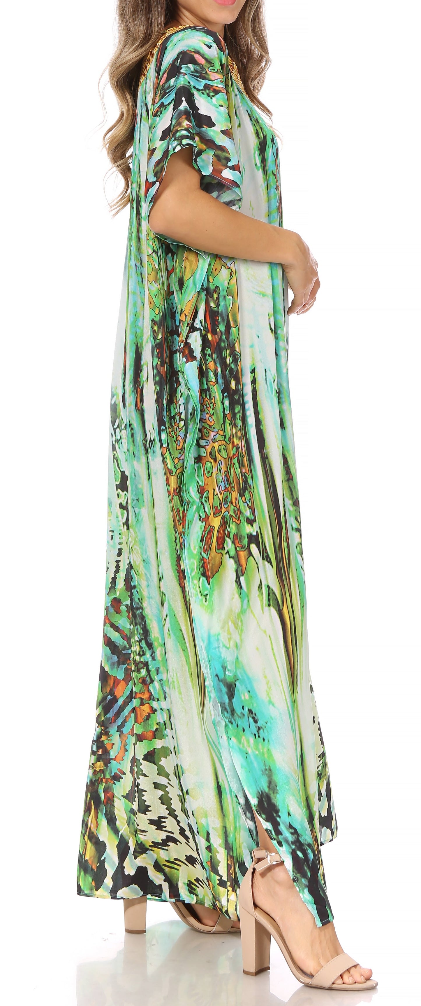 Sakkas Vicky Women's Casual Long Print Short Sleeve Petite Beach Maxi Caftan Dress - Buy One Get One Free
