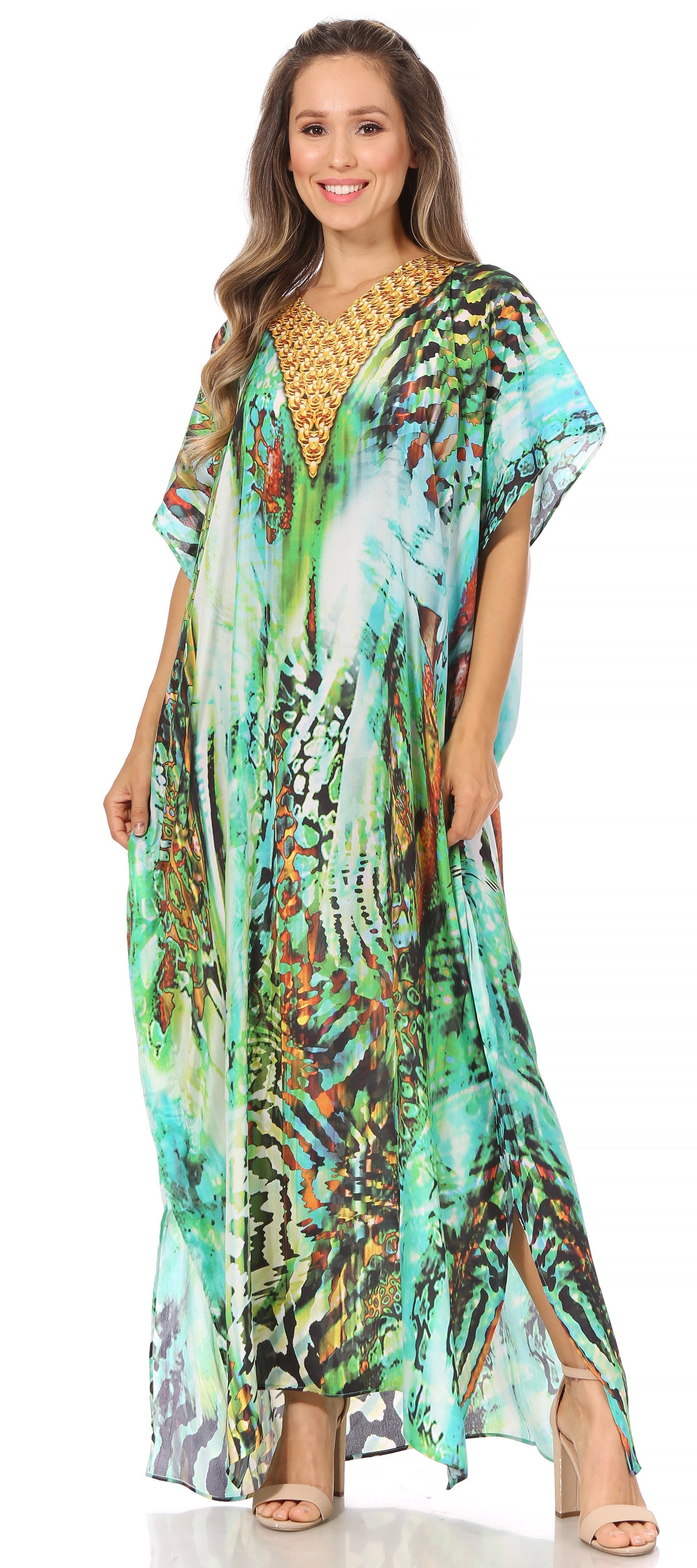 Sakkas Vicky Women's Casual Long Print Short Sleeve Petite Beach Maxi Caftan Dress - Buy One Get One Free