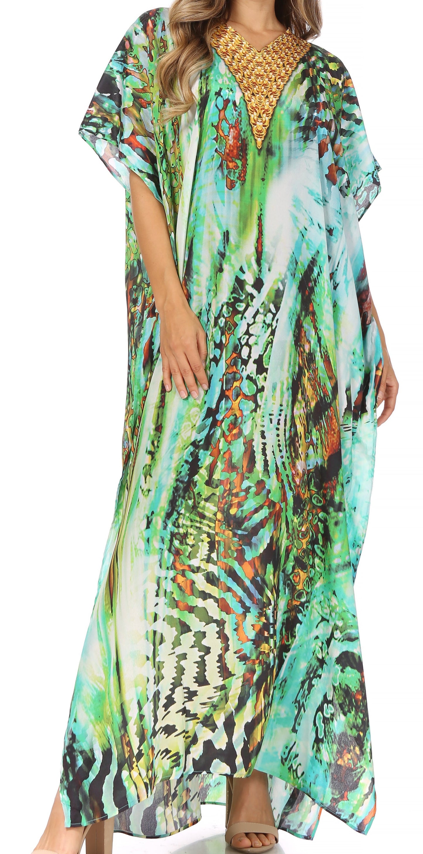 Sakkas Vicky Women's Casual Long Print Short Sleeve Petite Beach Maxi Caftan Dress - Buy One Get One Free