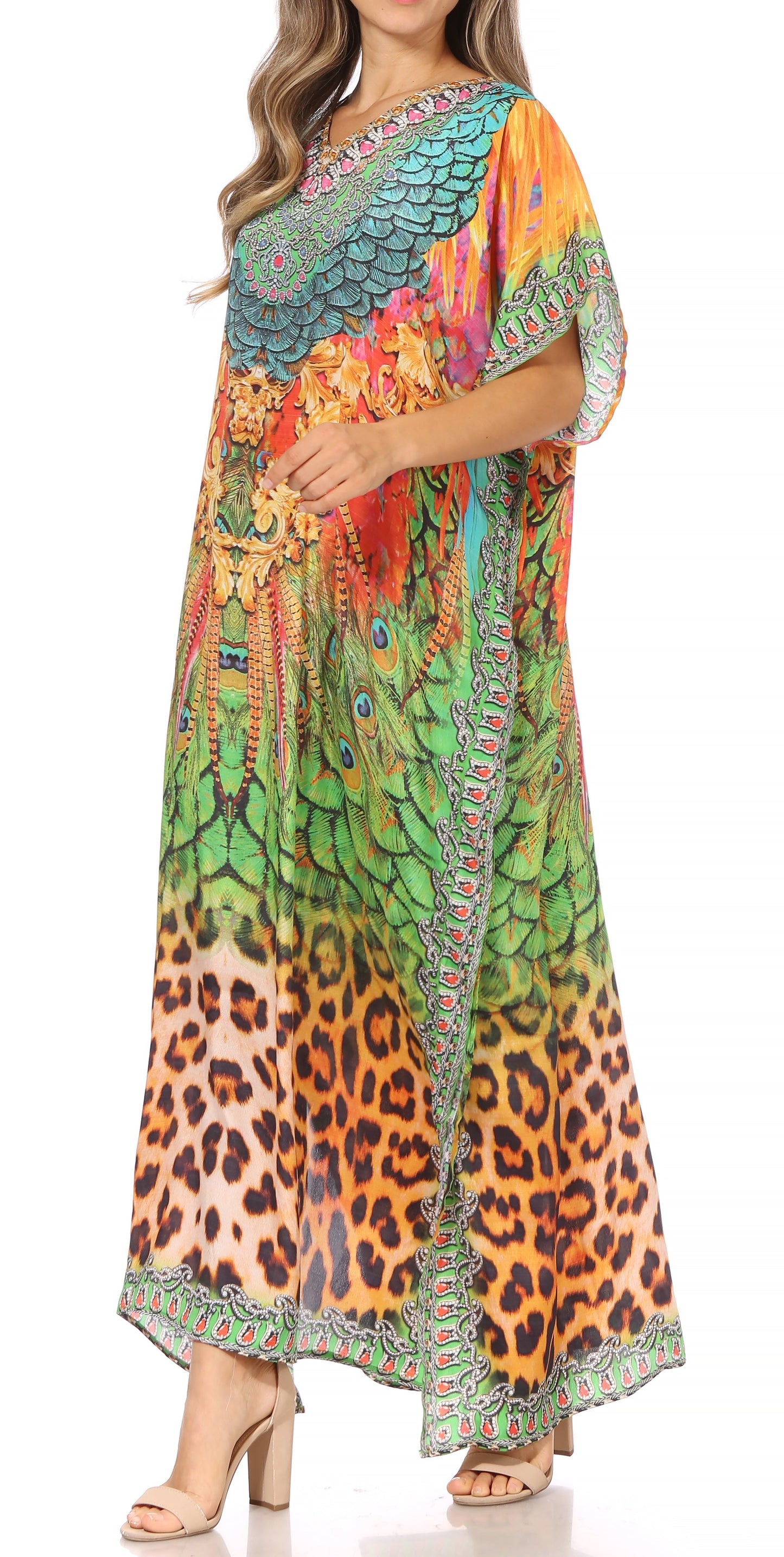Sakkas Vicky Women's Casual Long Print Short Sleeve Petite Beach Maxi Caftan Dress - Buy One Get One Free