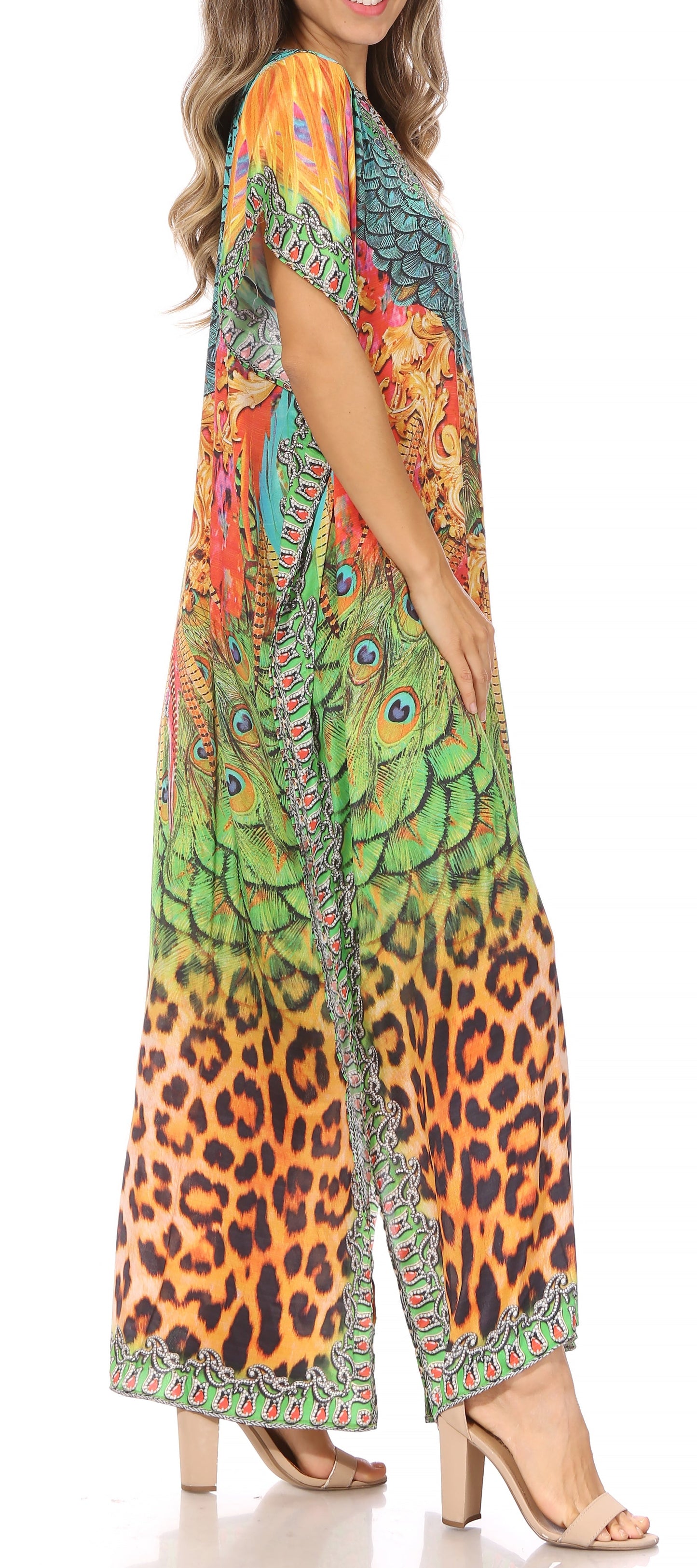 Sakkas Vicky Women's Casual Long Print Short Sleeve Petite Beach Maxi Caftan Dress - Buy One Get One Free