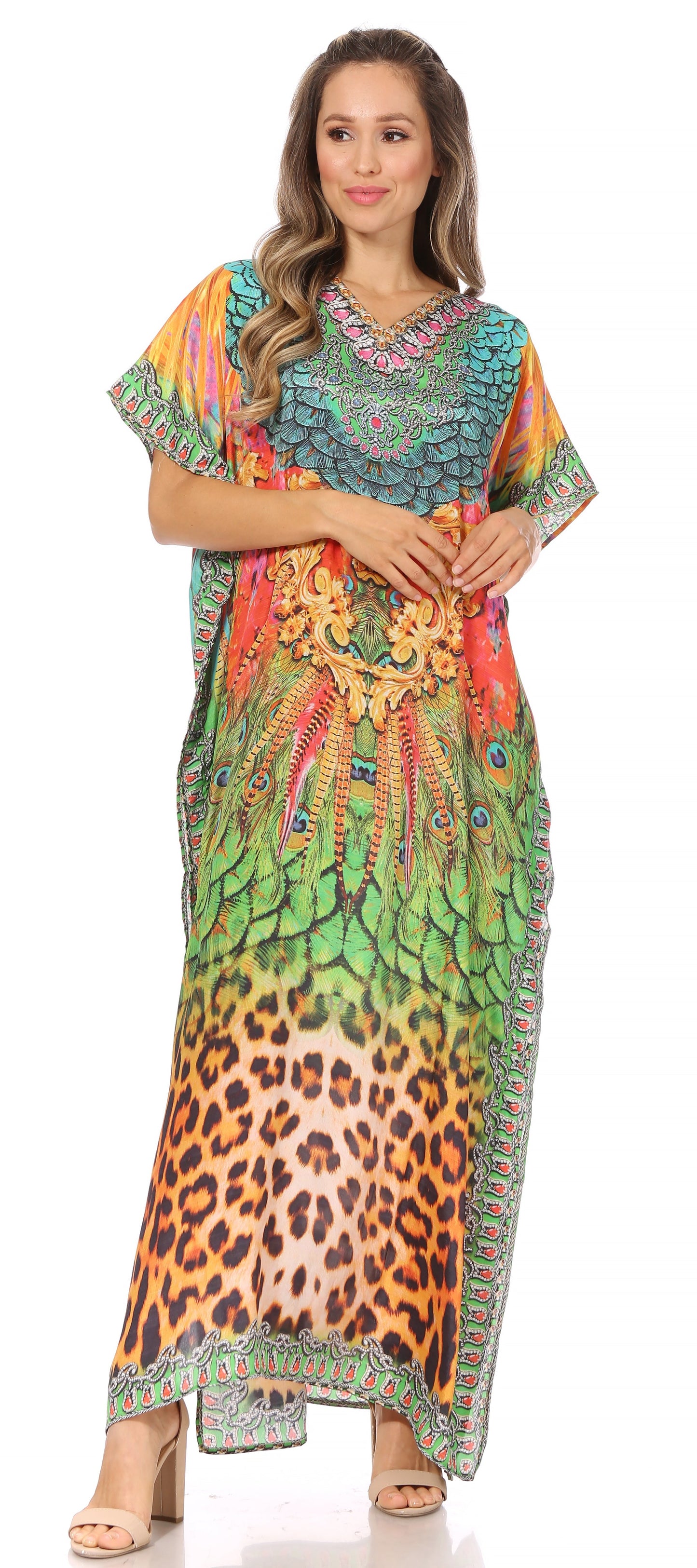 Sakkas Vicky Women's Casual Long Print Short Sleeve Petite Beach Maxi Caftan Dress - Buy One Get One Free