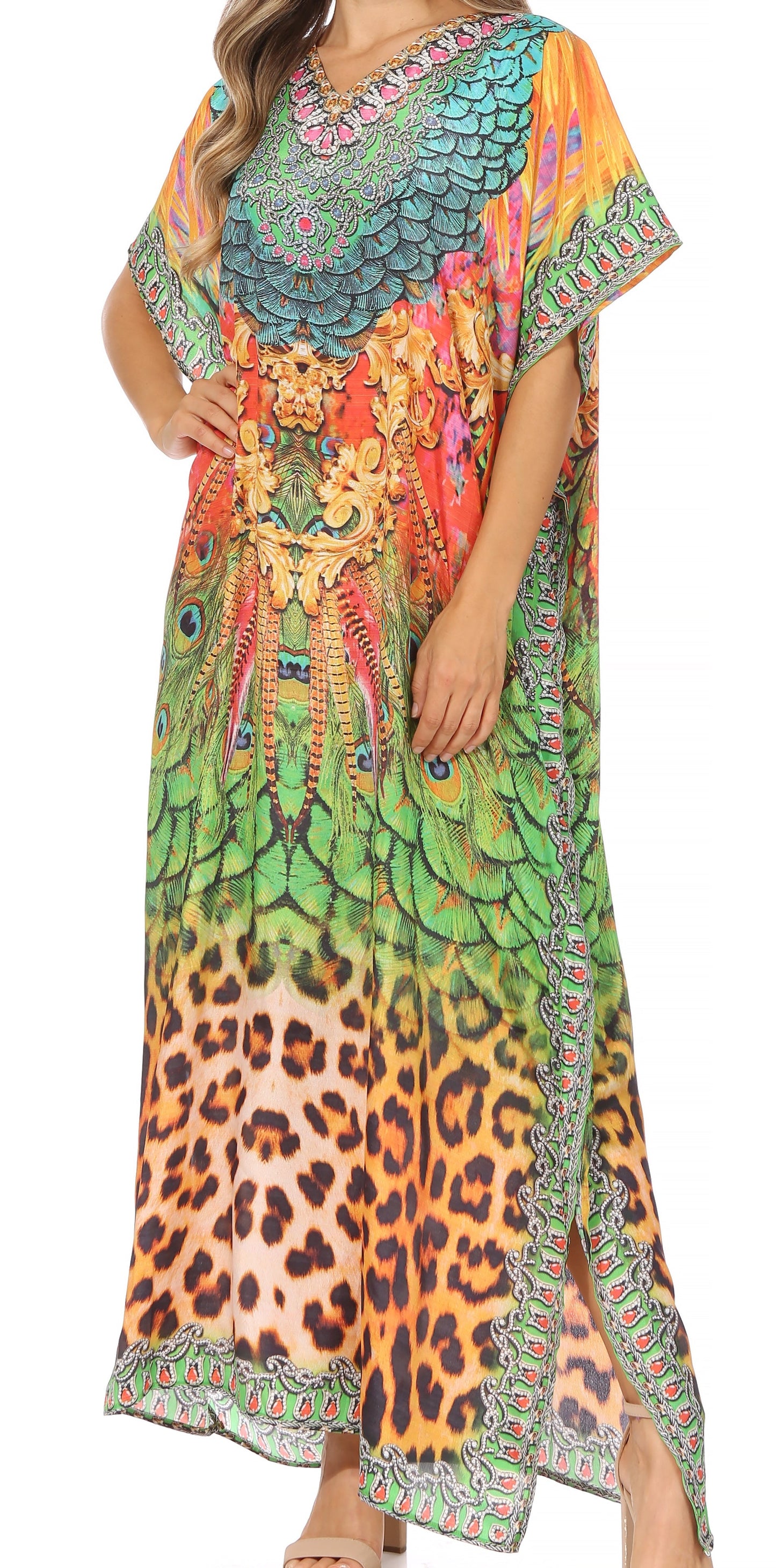 Sakkas Vicky Women's Casual Long Print Short Sleeve Petite Beach Maxi Caftan Dress - Buy One Get One Free