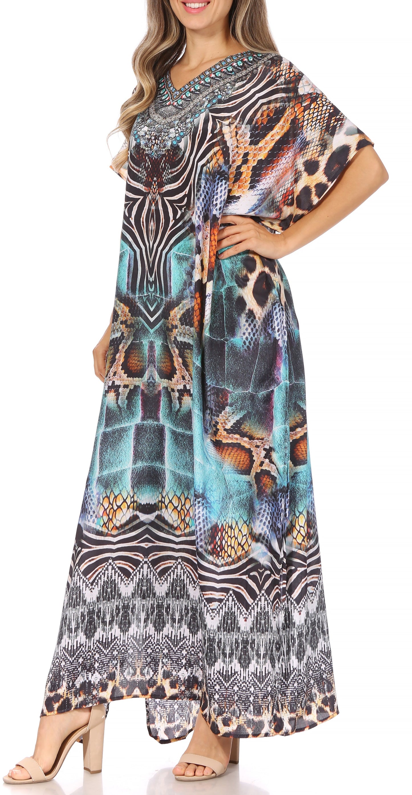 Sakkas Vicky Women's Casual Long Print Short Sleeve Petite Beach Maxi Caftan Dress - Buy One Get One Free