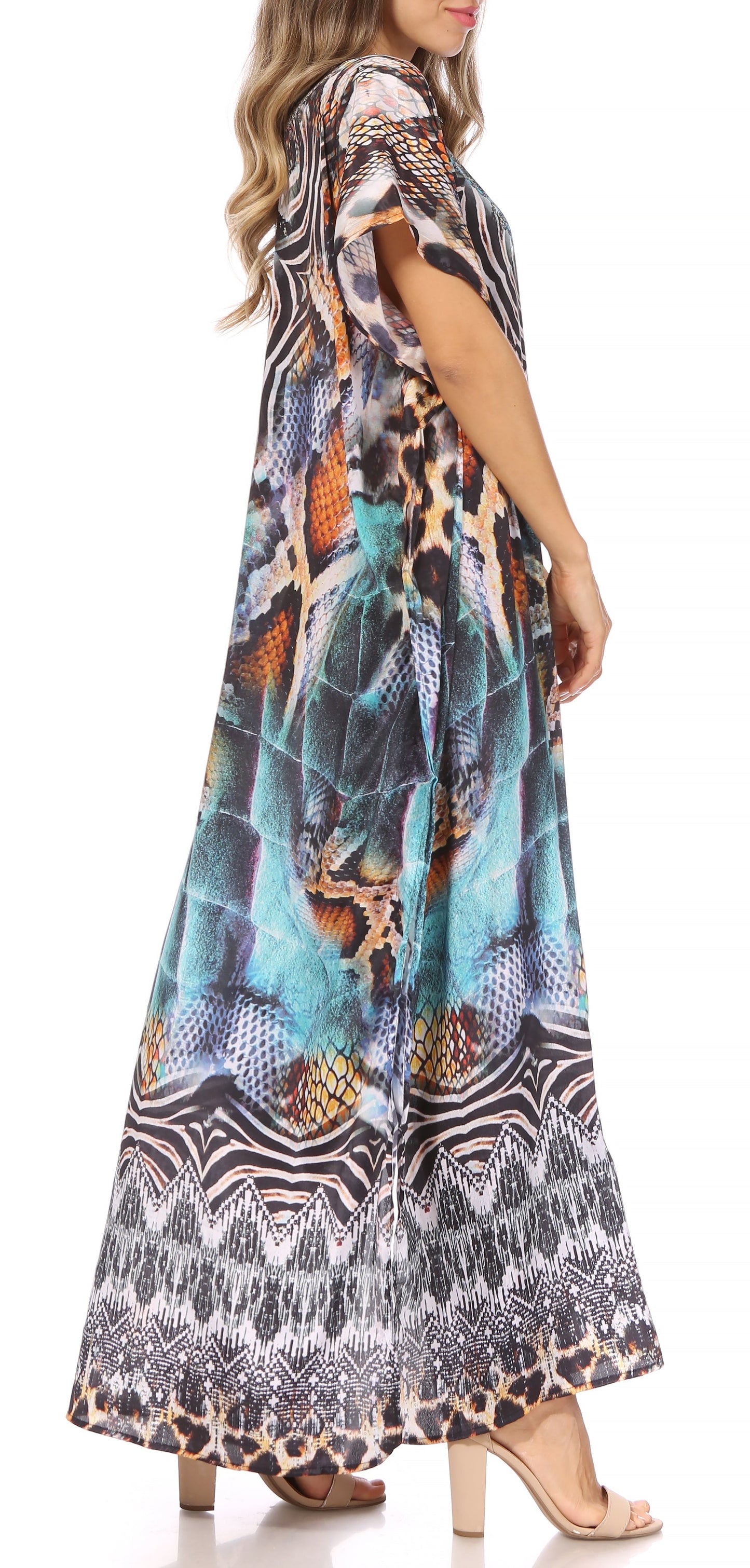 Sakkas Vicky Women's Casual Long Print Short Sleeve Petite Beach Maxi Caftan Dress - Buy One Get One Free
