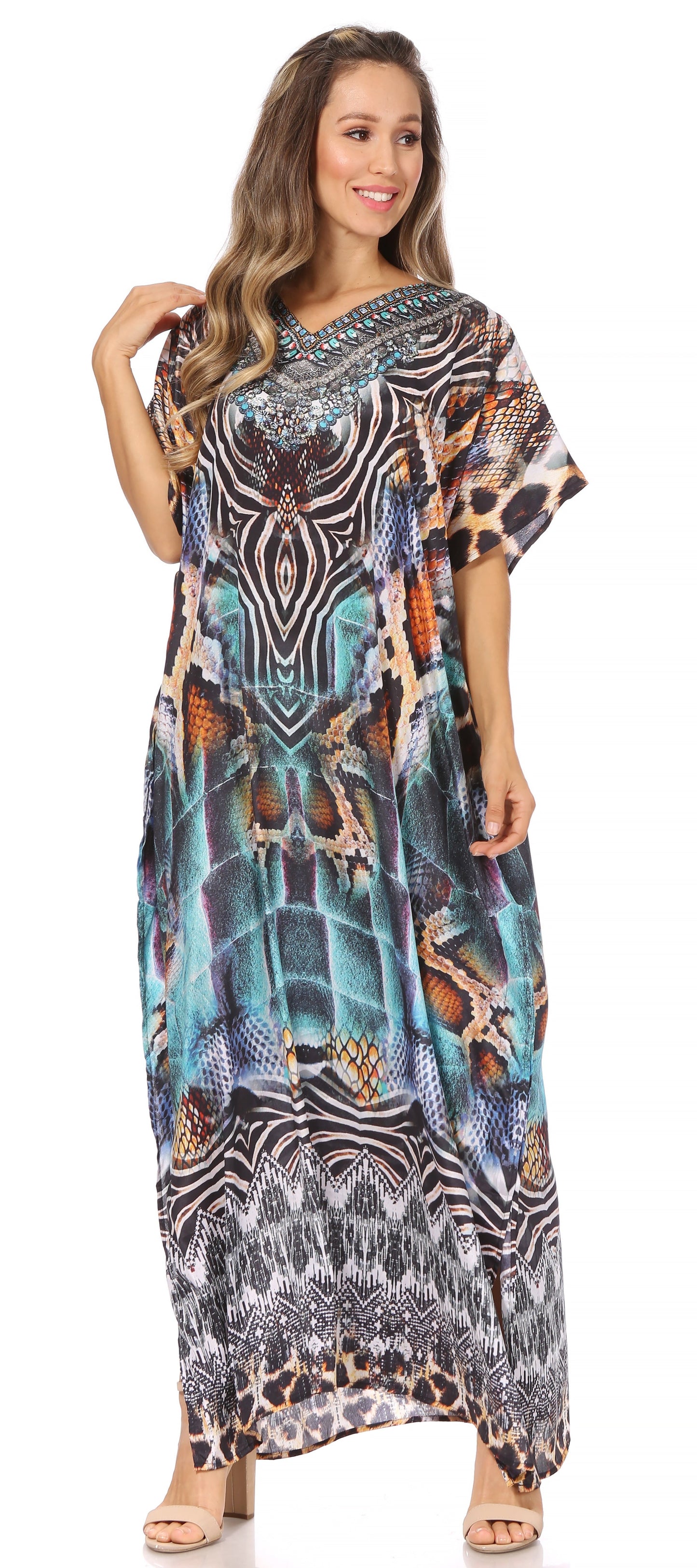 Sakkas Vicky Women's Casual Long Print Short Sleeve Petite Beach Maxi Caftan Dress - Buy One Get One Free