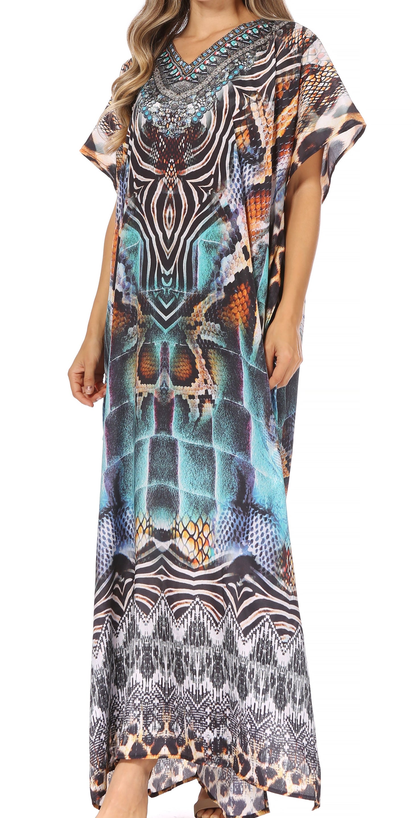 Sakkas Vicky Women's Casual Long Print Short Sleeve Petite Beach Maxi Caftan Dress - Buy One Get One Free