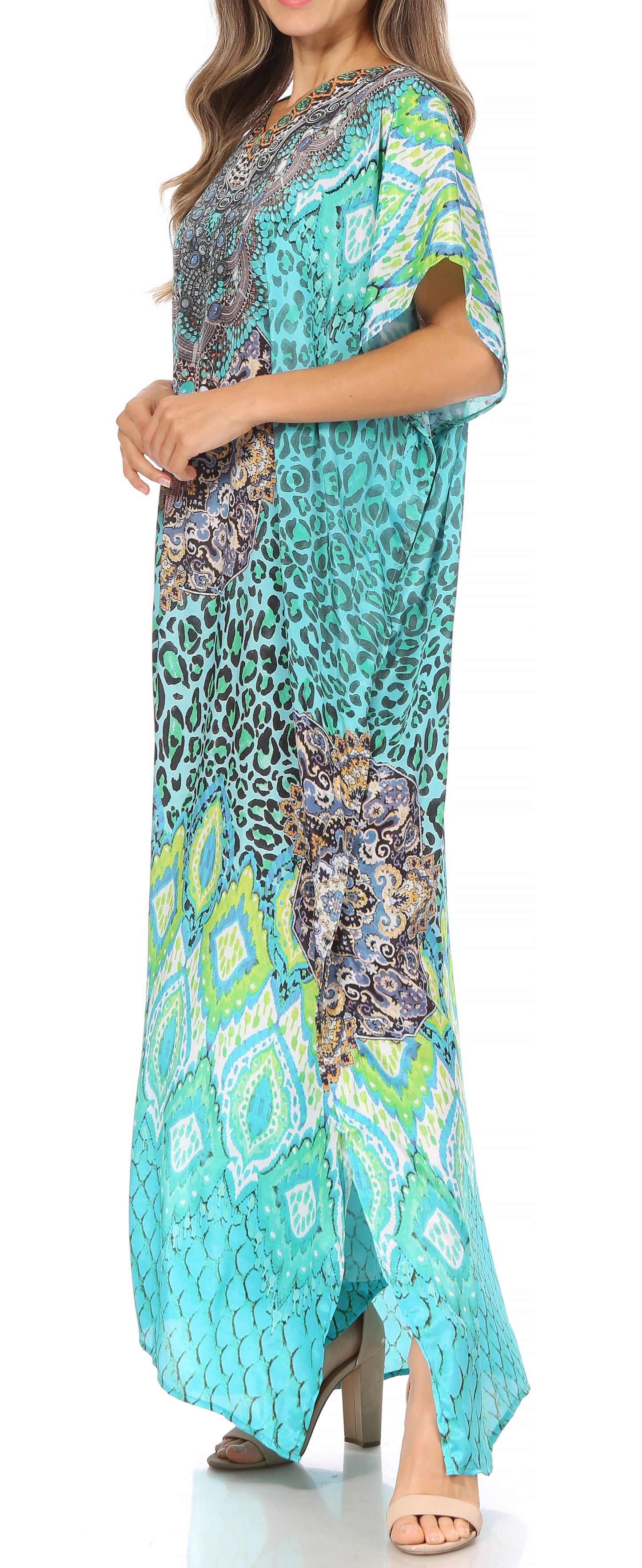 Sakkas Vicky Women's Casual Long Print Short Sleeve Petite Beach Maxi Caftan Dress - Buy One Get One Free