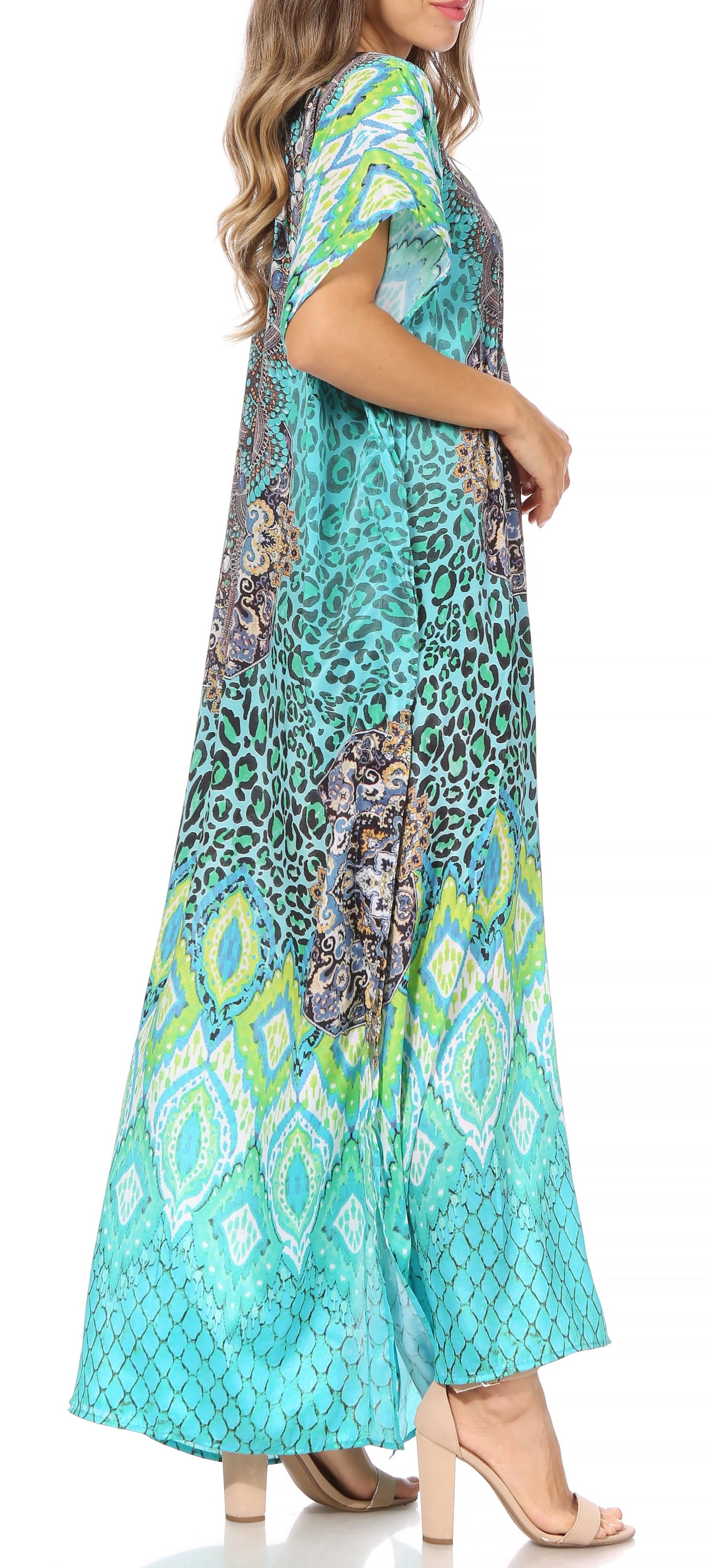 Sakkas Vicky Women's Casual Long Print Short Sleeve Petite Beach Maxi Caftan Dress - Buy One Get One Free
