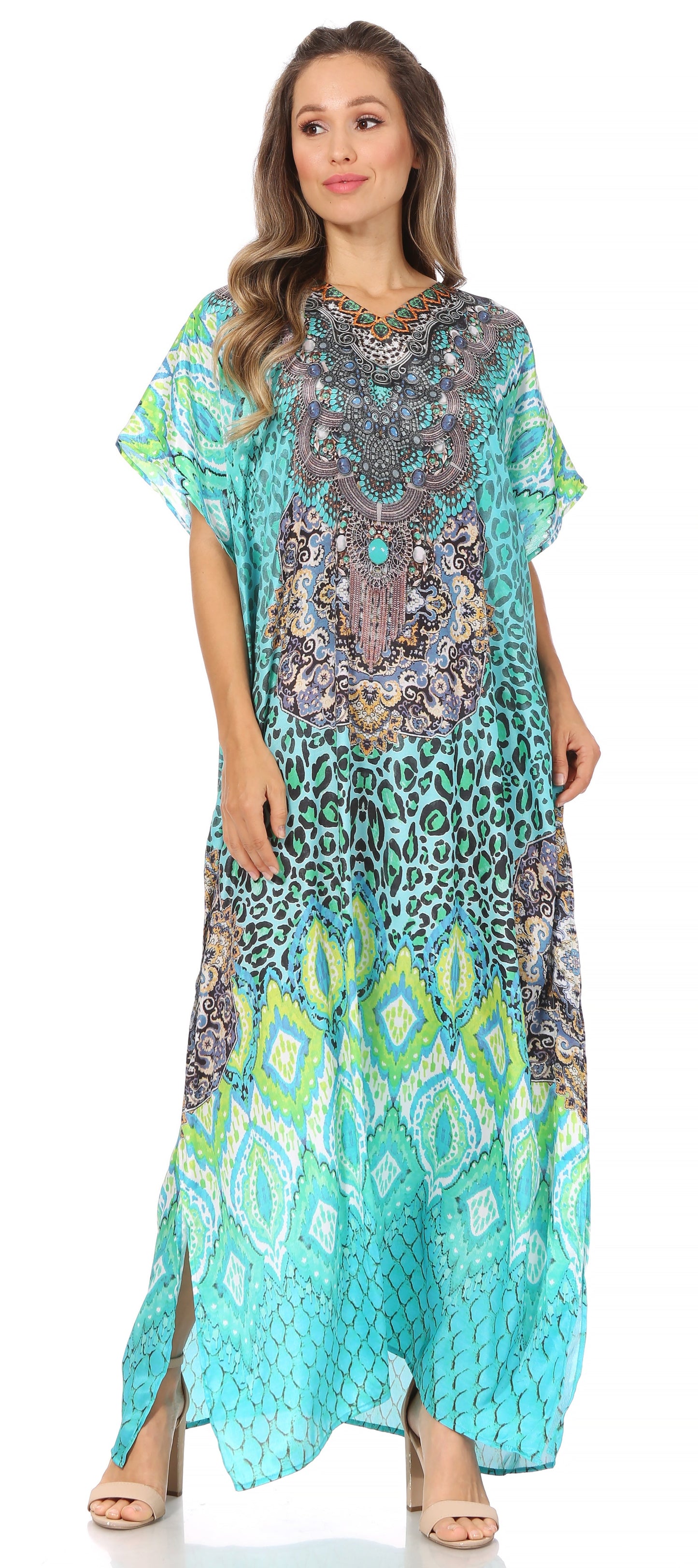 Sakkas Vicky Women's Casual Long Print Short Sleeve Petite Beach Maxi Caftan Dress - Buy One Get One Free