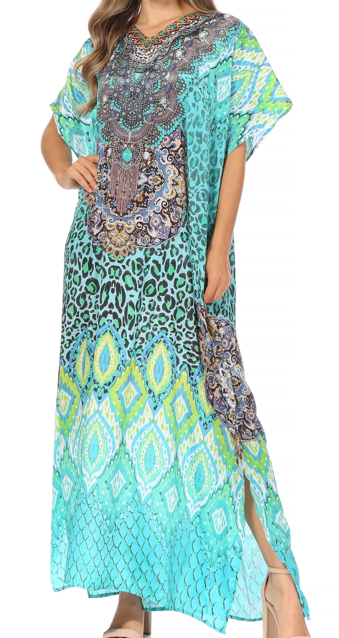 Sakkas Vicky Women's Casual Long Print Short Sleeve Petite Beach Maxi Caftan Dress - Buy One Get One Free