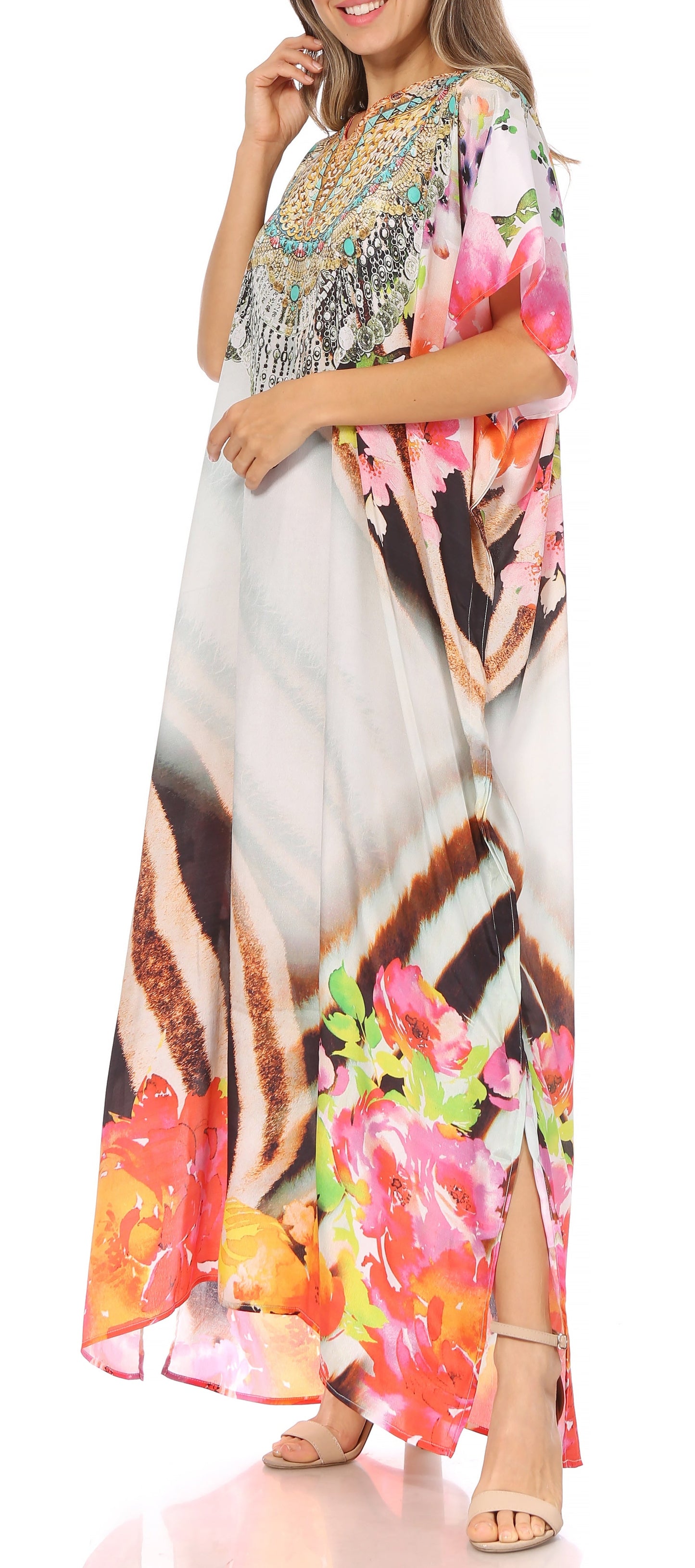 Sakkas Vicky Women's Casual Long Print Short Sleeve Petite Beach Maxi Caftan Dress - Buy One Get One Free