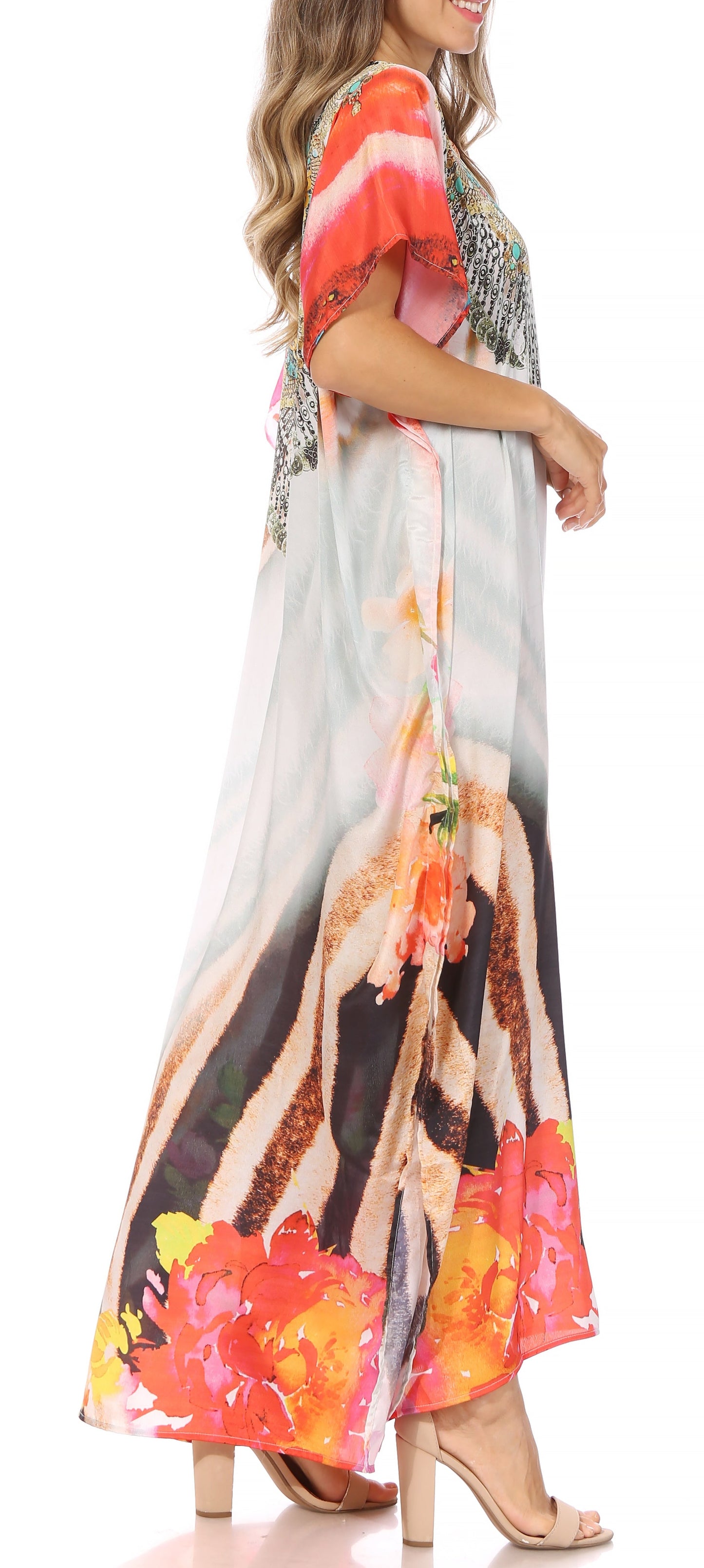Sakkas Vicky Women's Casual Long Print Short Sleeve Petite Beach Maxi Caftan Dress - Buy One Get One Free