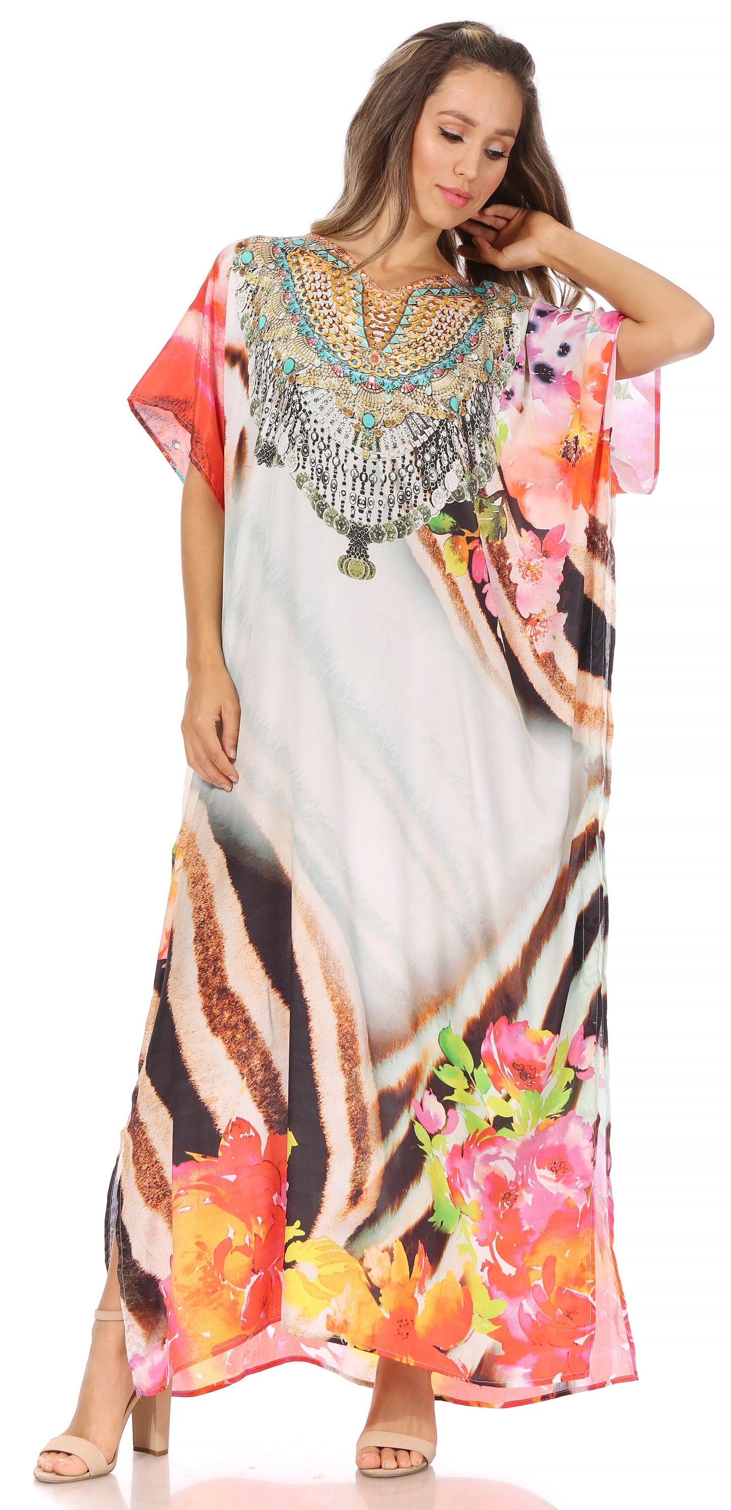 Sakkas Vicky Women's Casual Long Print Short Sleeve Petite Beach Maxi Caftan Dress - Buy One Get One Free