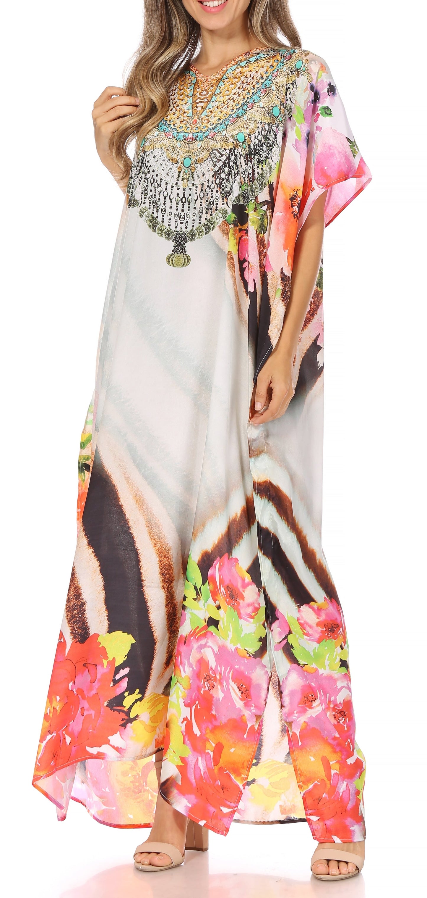 Sakkas Vicky Women's Casual Long Print Short Sleeve Petite Beach Maxi Caftan Dress - Buy One Get One Free