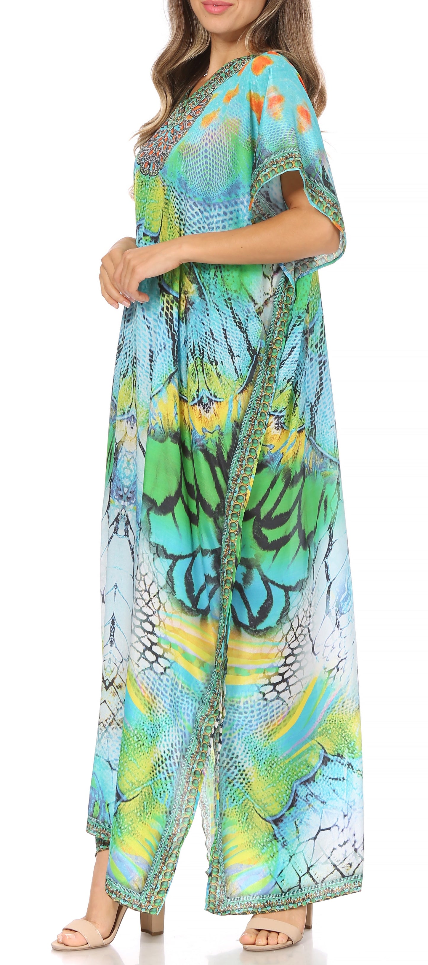 Sakkas Vicky Women's Casual Long Print Short Sleeve Petite Beach Maxi Caftan Dress - Buy One Get One Free