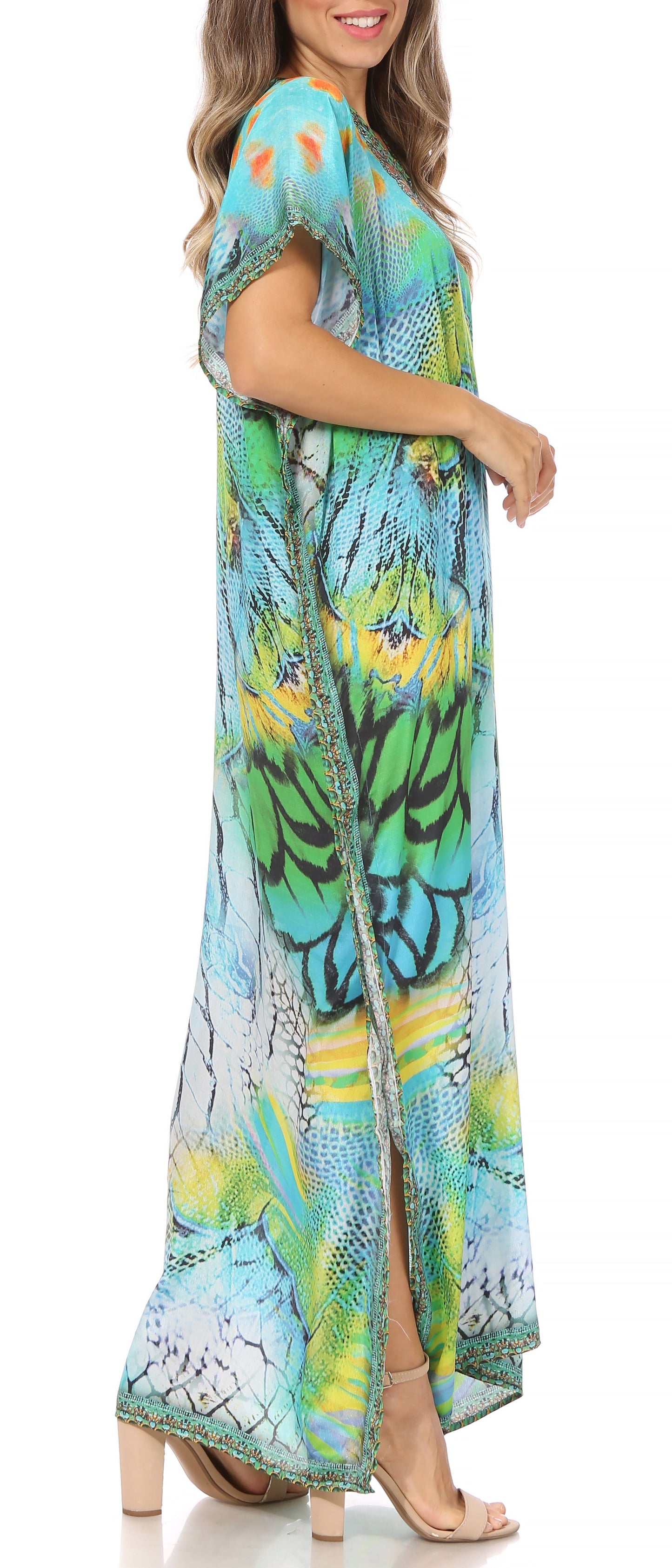 Sakkas Vicky Women's Casual Long Print Short Sleeve Petite Beach Maxi Caftan Dress - Buy One Get One Free