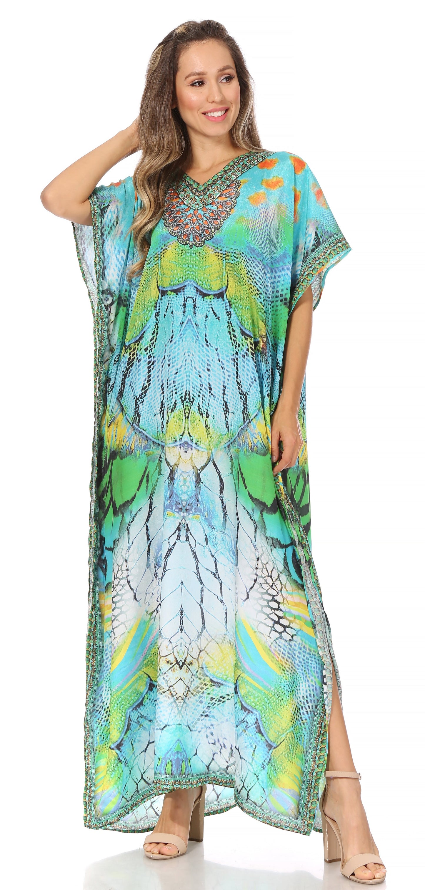 Sakkas Vicky Women's Casual Long Print Short Sleeve Petite Beach Maxi Caftan Dress - Buy One Get One Free