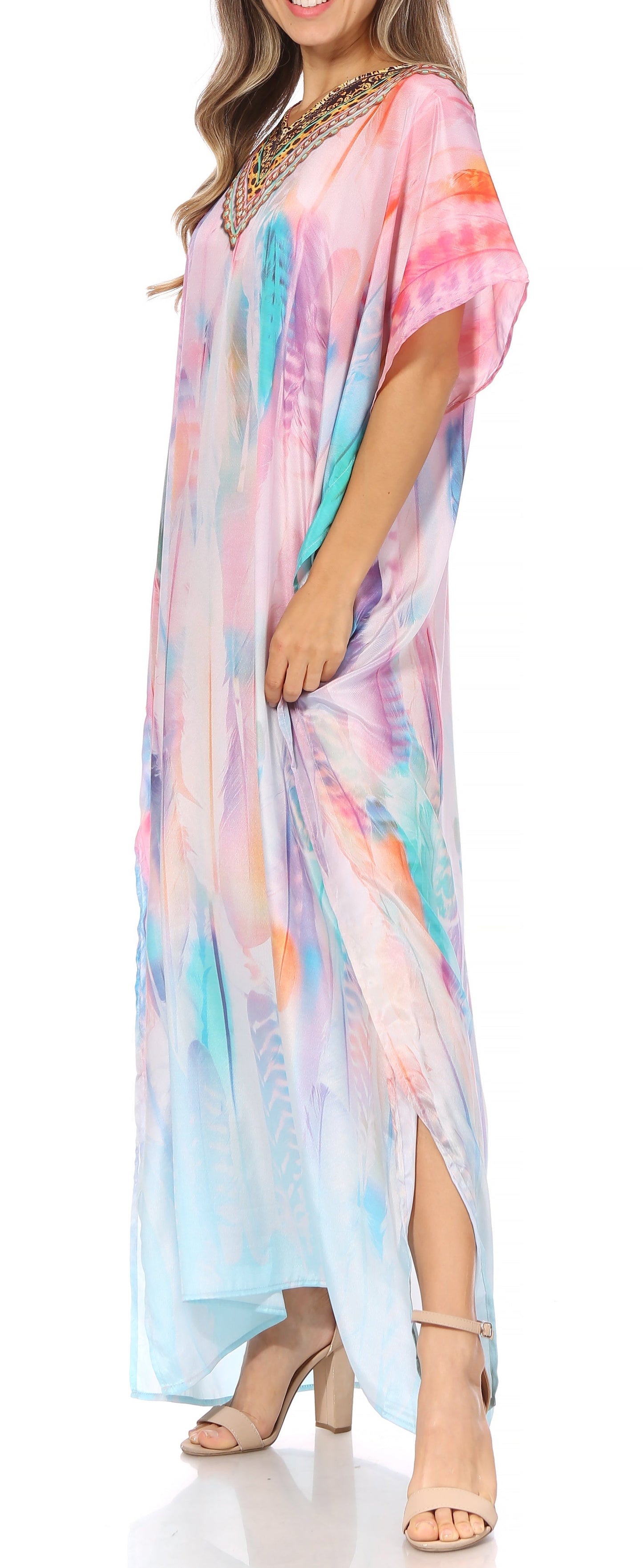 Sakkas Vicky Women's Casual Long Print Short Sleeve Petite Beach Maxi Caftan Dress - Buy One Get One Free