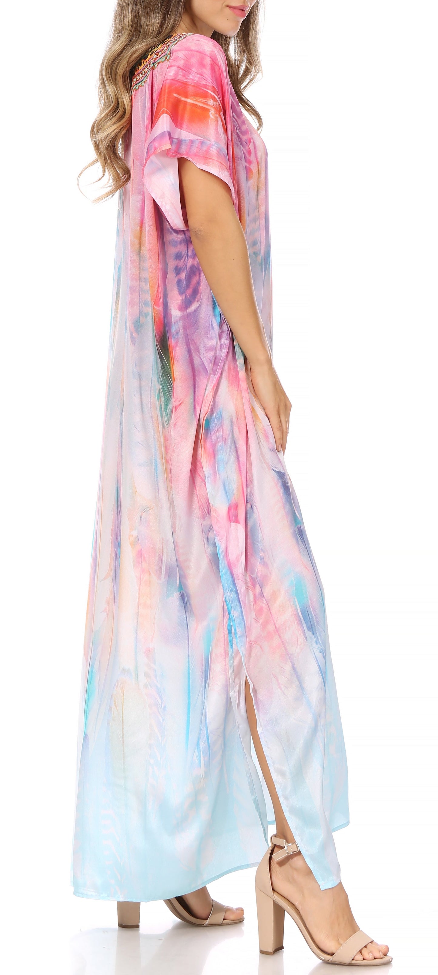 Sakkas Vicky Women's Casual Long Print Short Sleeve Petite Beach Maxi Caftan Dress - Buy One Get One Free
