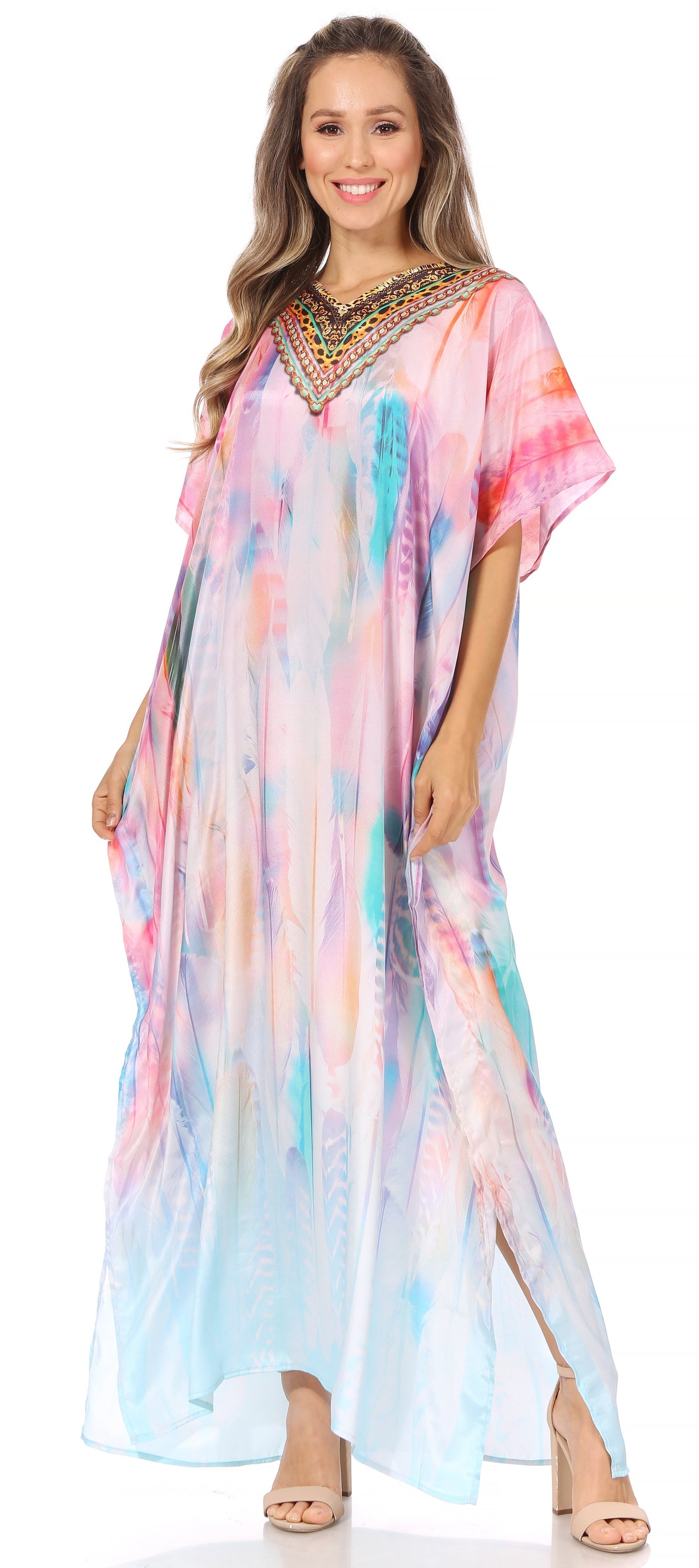 Sakkas Vicky Women's Casual Long Print Short Sleeve Petite Beach Maxi Caftan Dress - Buy One Get One Free