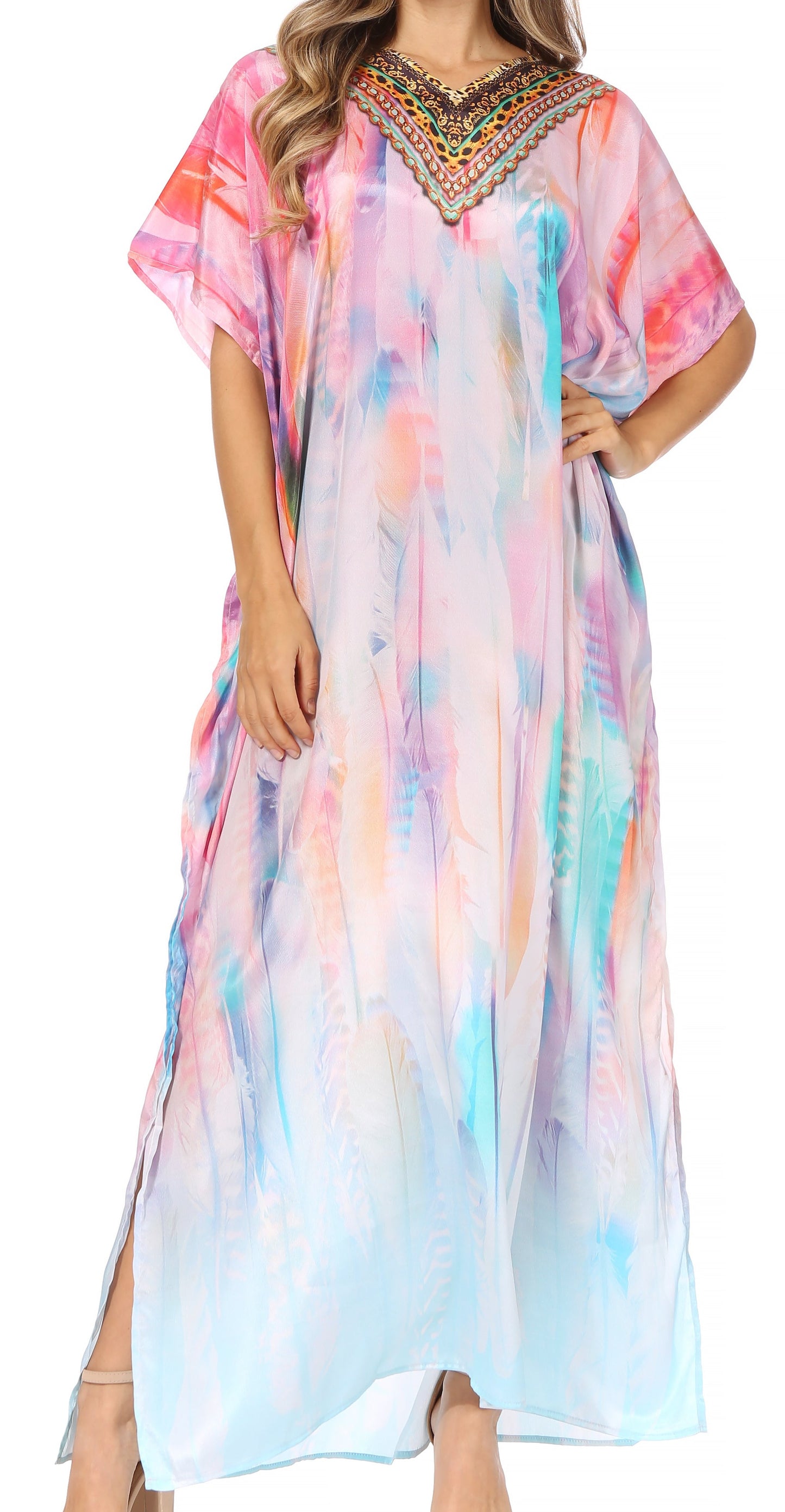 Sakkas Vicky Women's Casual Long Print Short Sleeve Petite Beach Maxi Caftan Dress - Buy One Get One Free