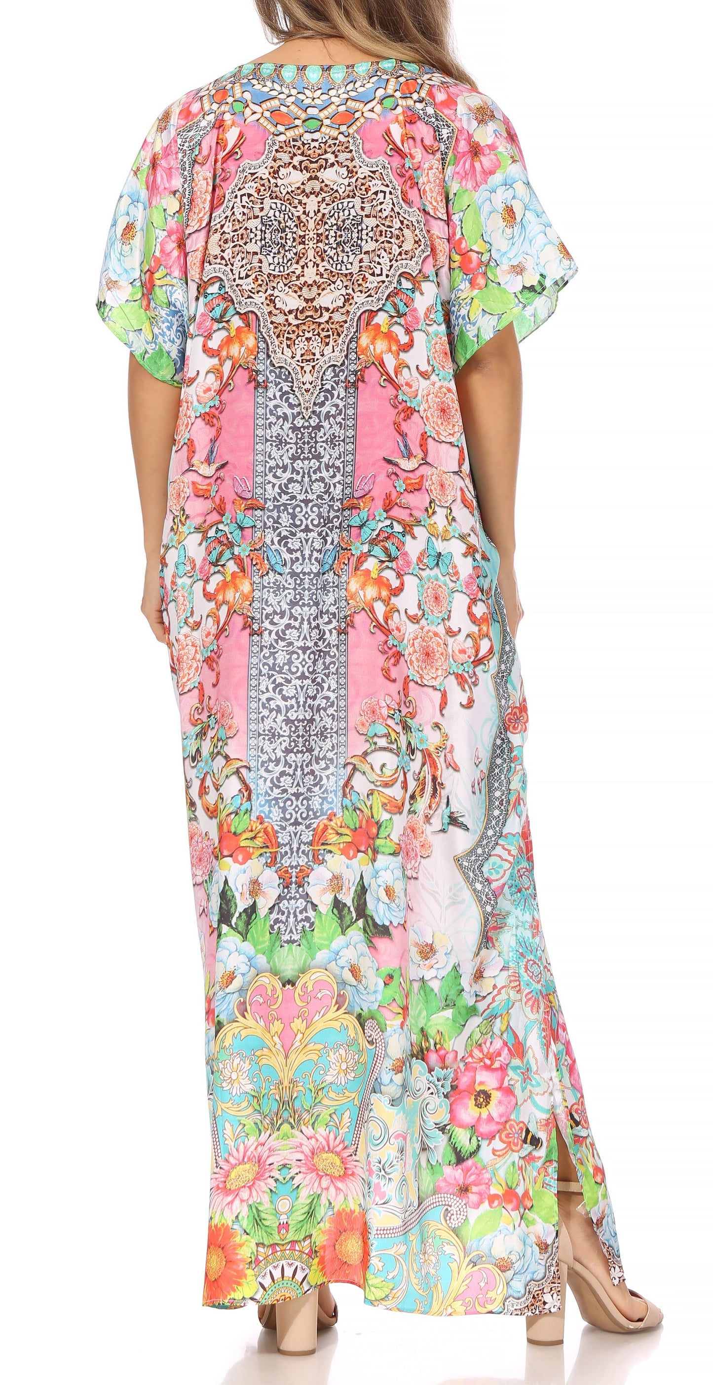 Sakkas Vicky Women's Casual Long Print Short Sleeve Petite Beach Maxi Caftan Dress - Buy One Get One Free