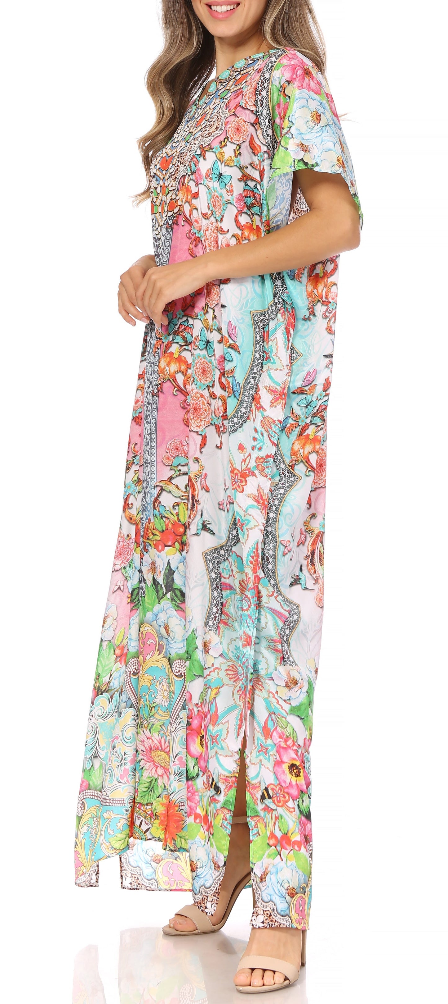 Sakkas Vicky Women's Casual Long Print Short Sleeve Petite Beach Maxi Caftan Dress - Buy One Get One Free