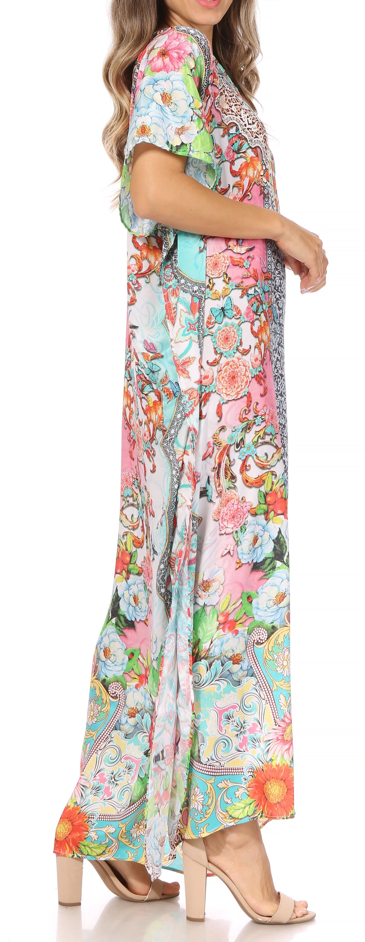 Sakkas Vicky Women's Casual Long Print Short Sleeve Petite Beach Maxi Caftan Dress - Buy One Get One Free