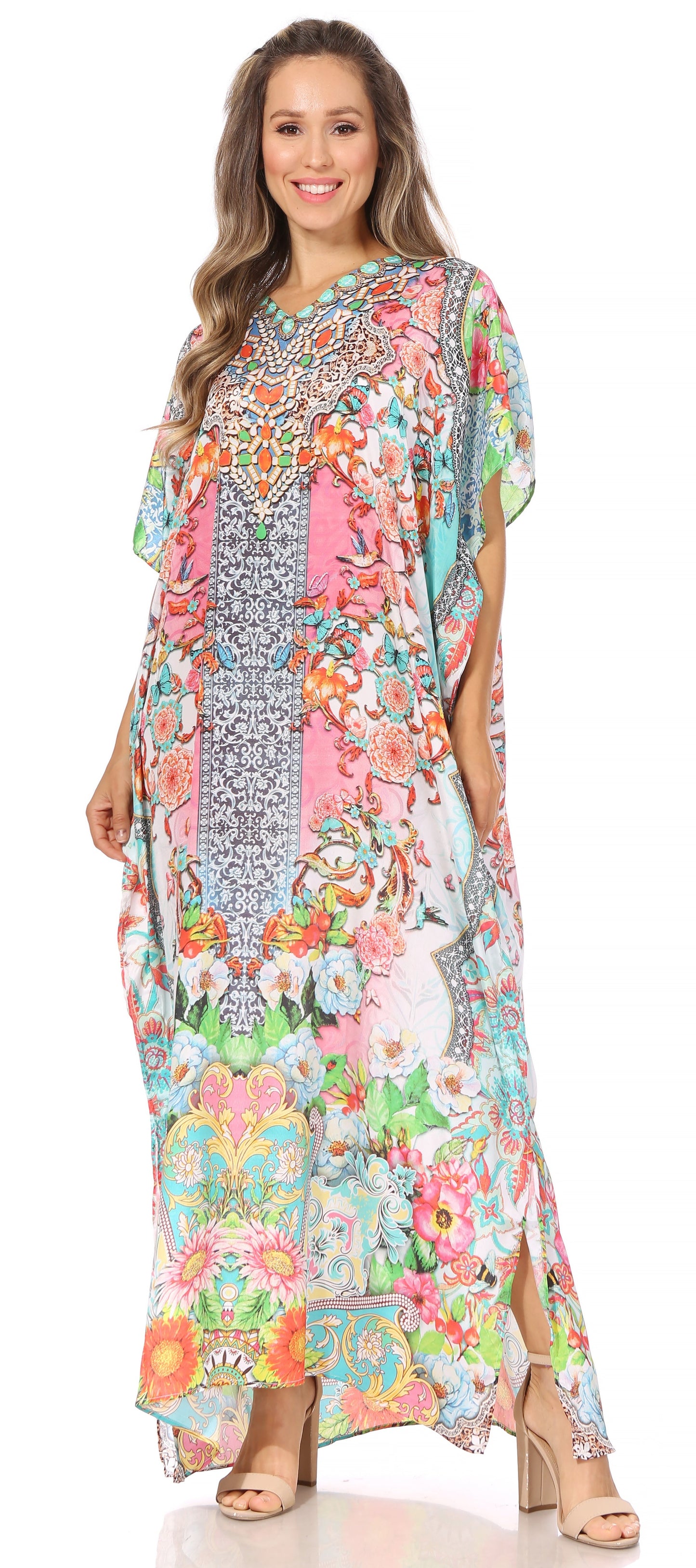 Sakkas Vicky Women's Casual Long Print Short Sleeve Petite Beach Maxi Caftan Dress - Buy One Get One Free