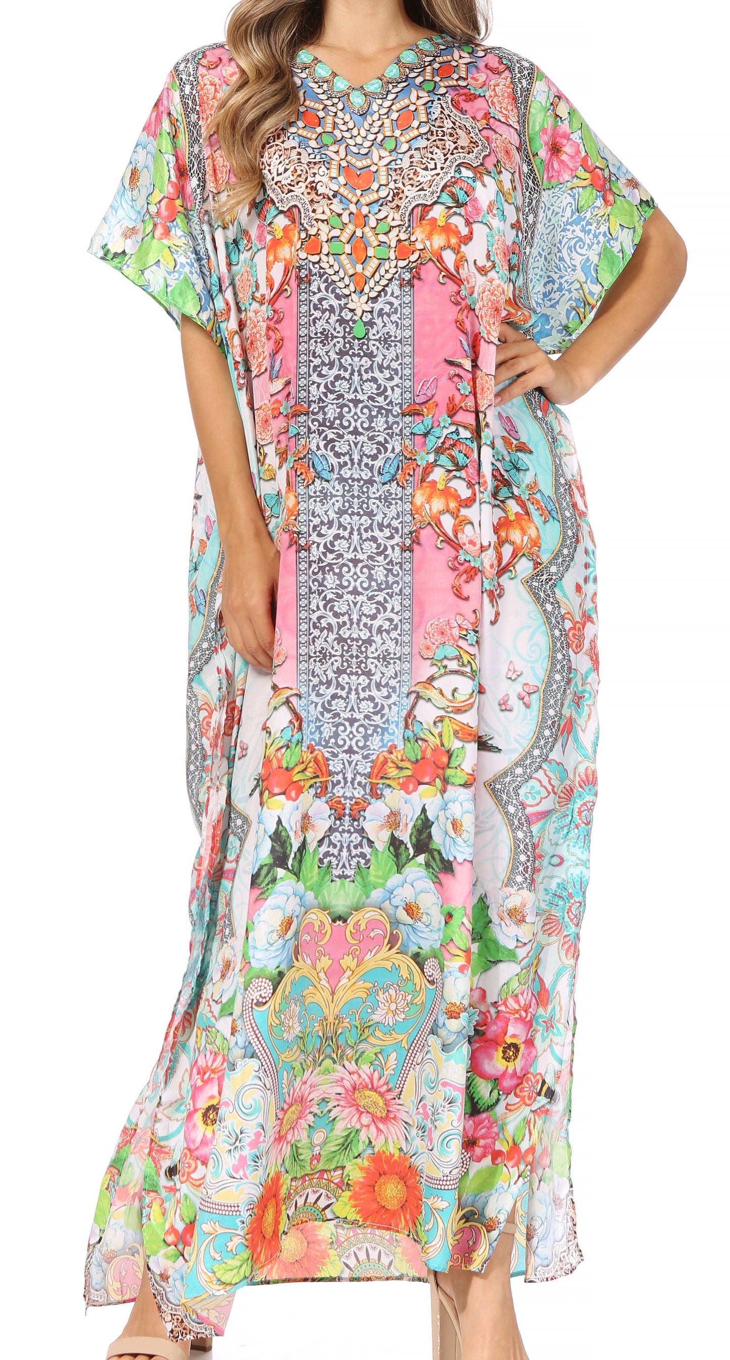 Sakkas Vicky Women's Casual Long Print Short Sleeve Petite Beach Maxi Caftan Dress - Buy One Get One Free