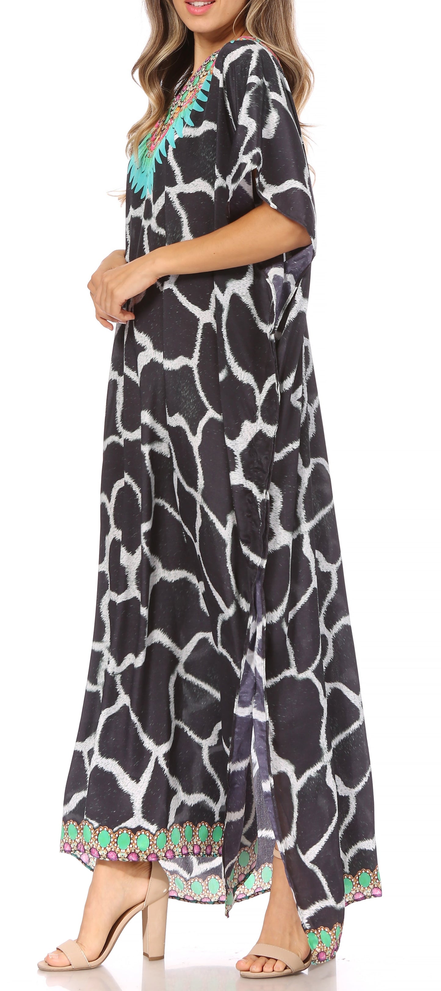 Sakkas Vicky Women's Casual Long Print Short Sleeve Petite Beach Maxi Caftan Dress - Buy One Get One Free