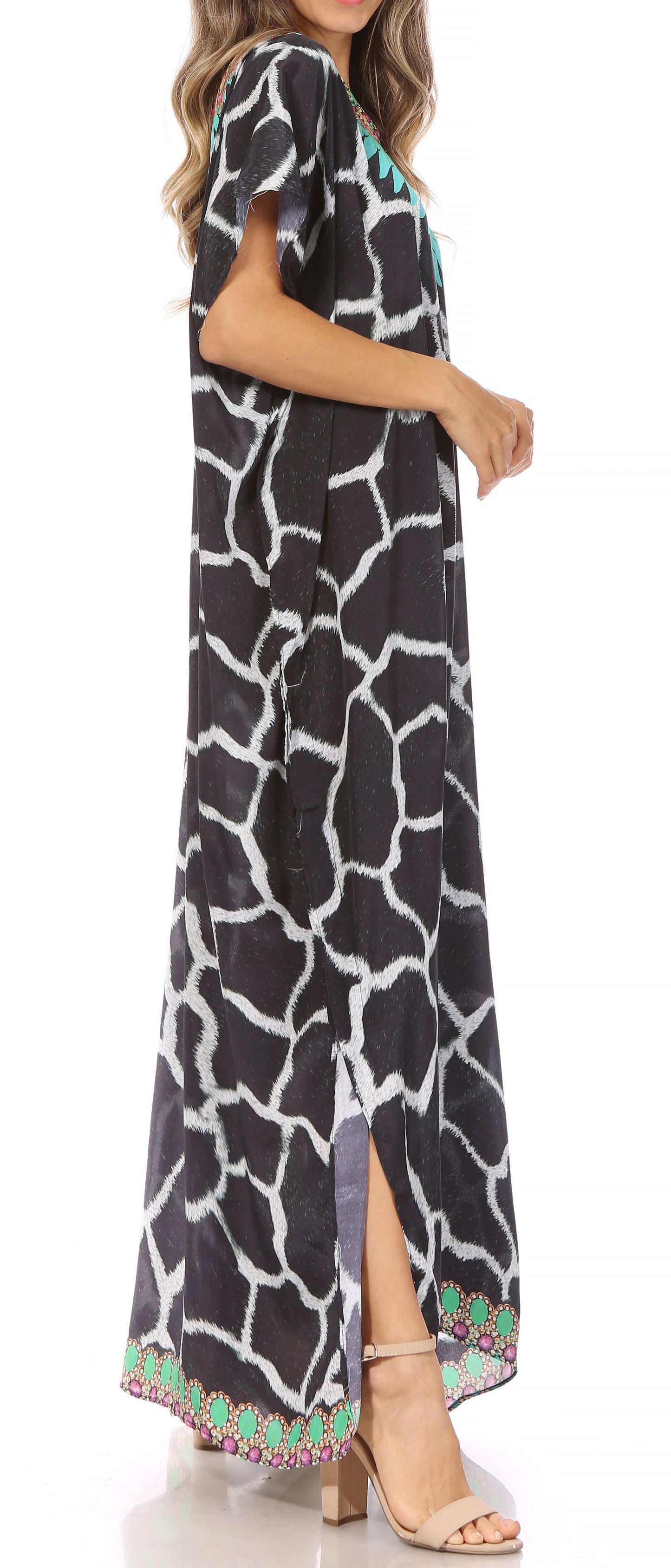 Sakkas Vicky Women's Casual Long Print Short Sleeve Petite Beach Maxi Caftan Dress - Buy One Get One Free