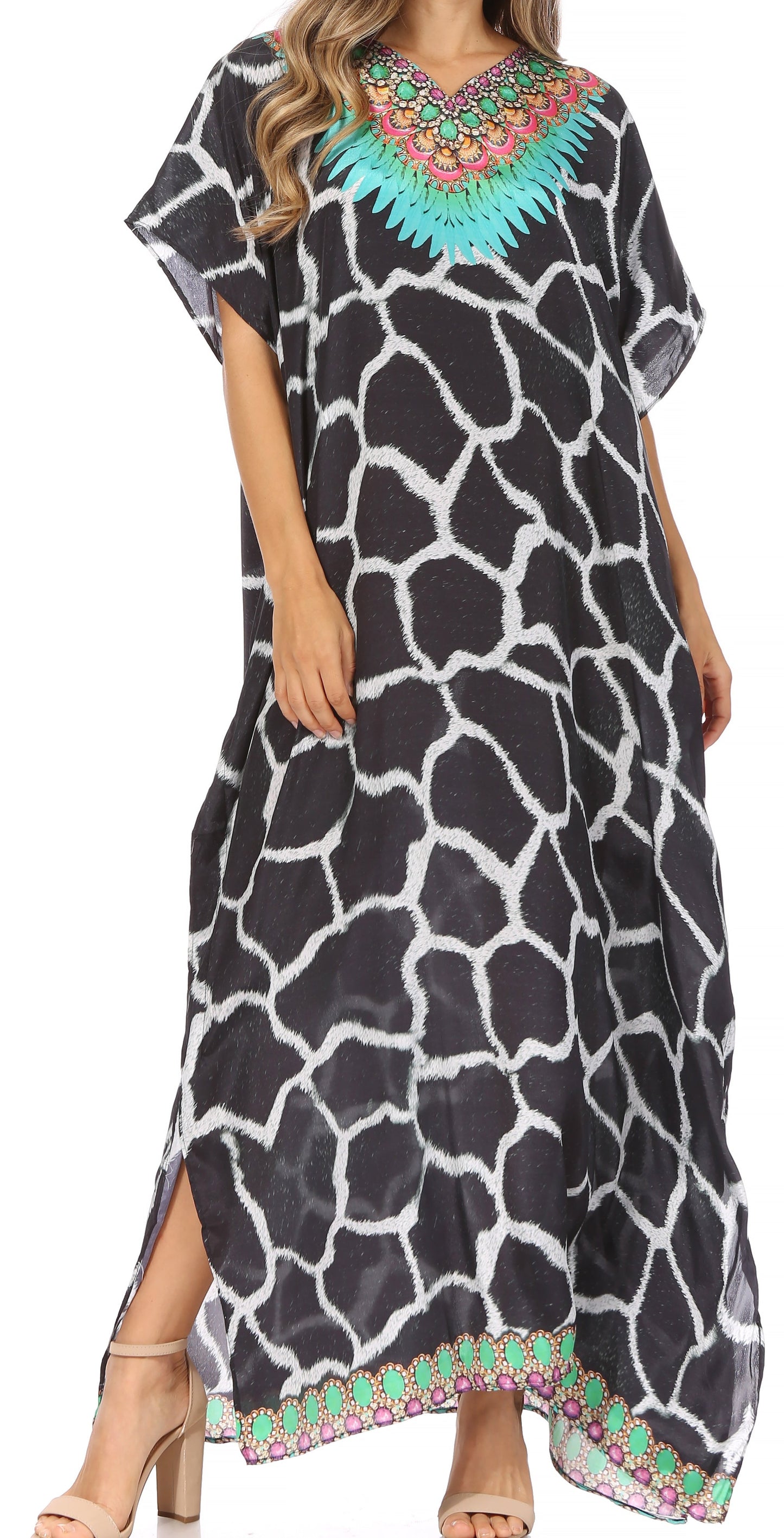 Sakkas Vicky Women's Casual Long Print Short Sleeve Petite Beach Maxi Caftan Dress - Buy One Get One Free