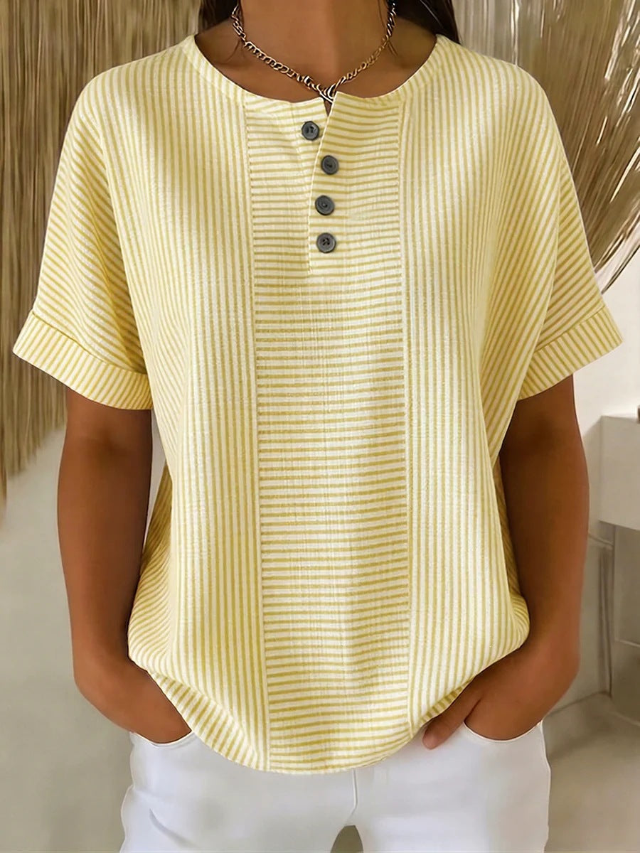 Women's Cotton Linen Striped T-Shirt – V-Neck, Button Detail, Loose Fit