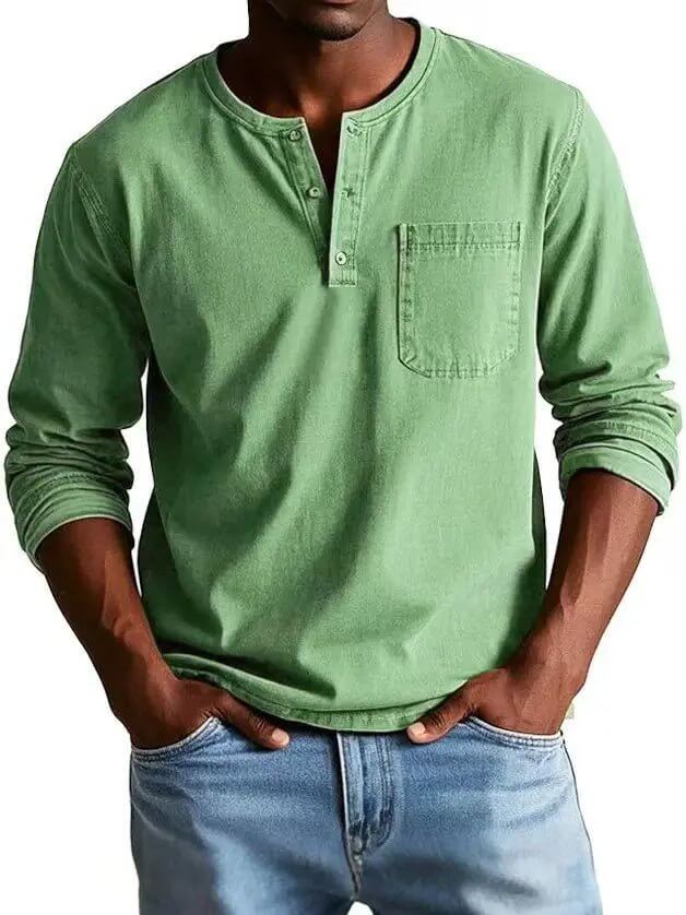 Men's V-Neck Long Sleeve Pullover – Button Design Top