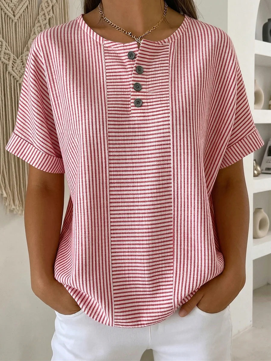 Women's Cotton Linen Striped T-Shirt – V-Neck, Button Detail, Loose Fit