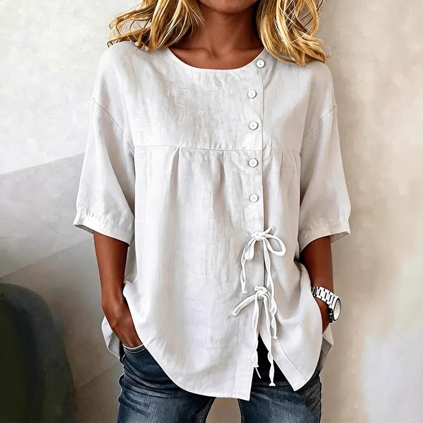 Women's Linen Lace-Up Button Shirt – 3/4 Sleeve Asymmetric
