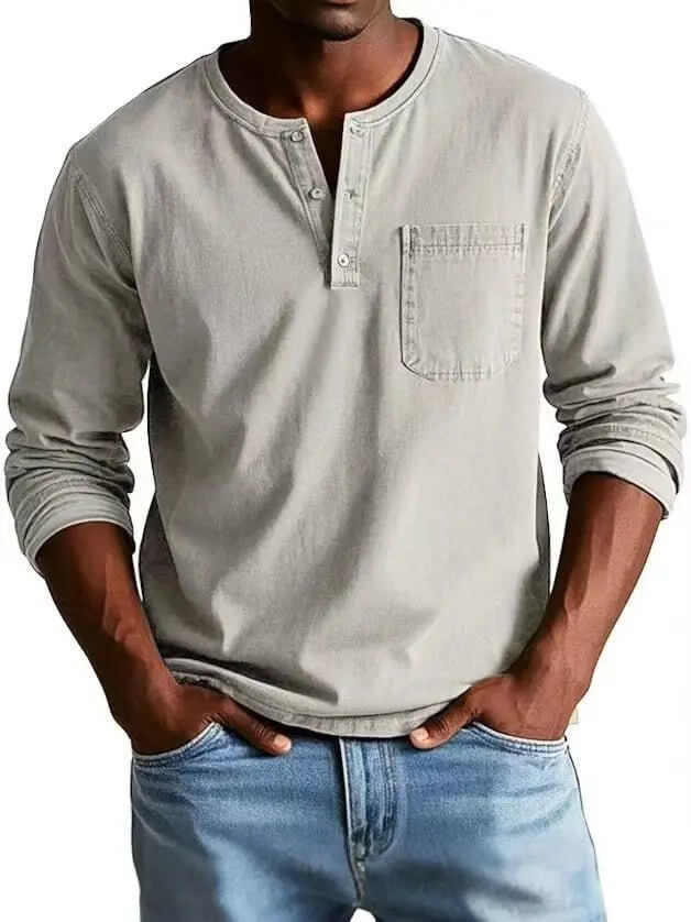 Men's V-Neck Long Sleeve Pullover – Button Design Top
