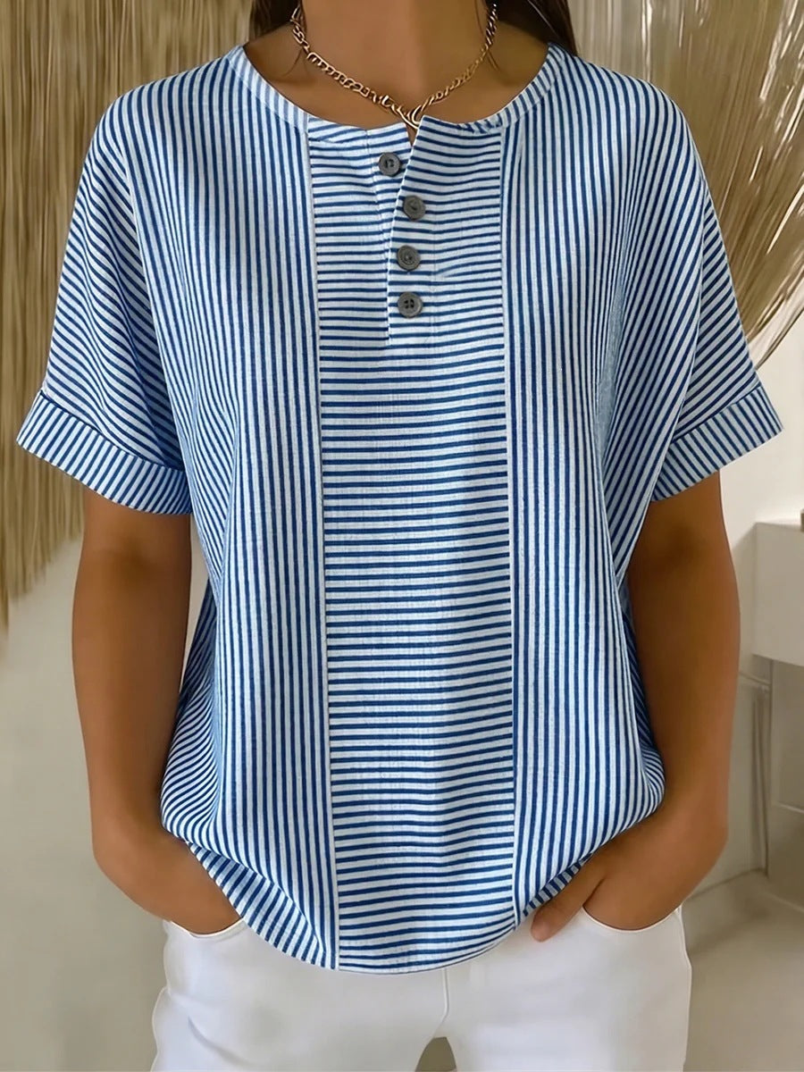 Women's Cotton Linen Striped T-Shirt – V-Neck, Button Detail, Loose Fit